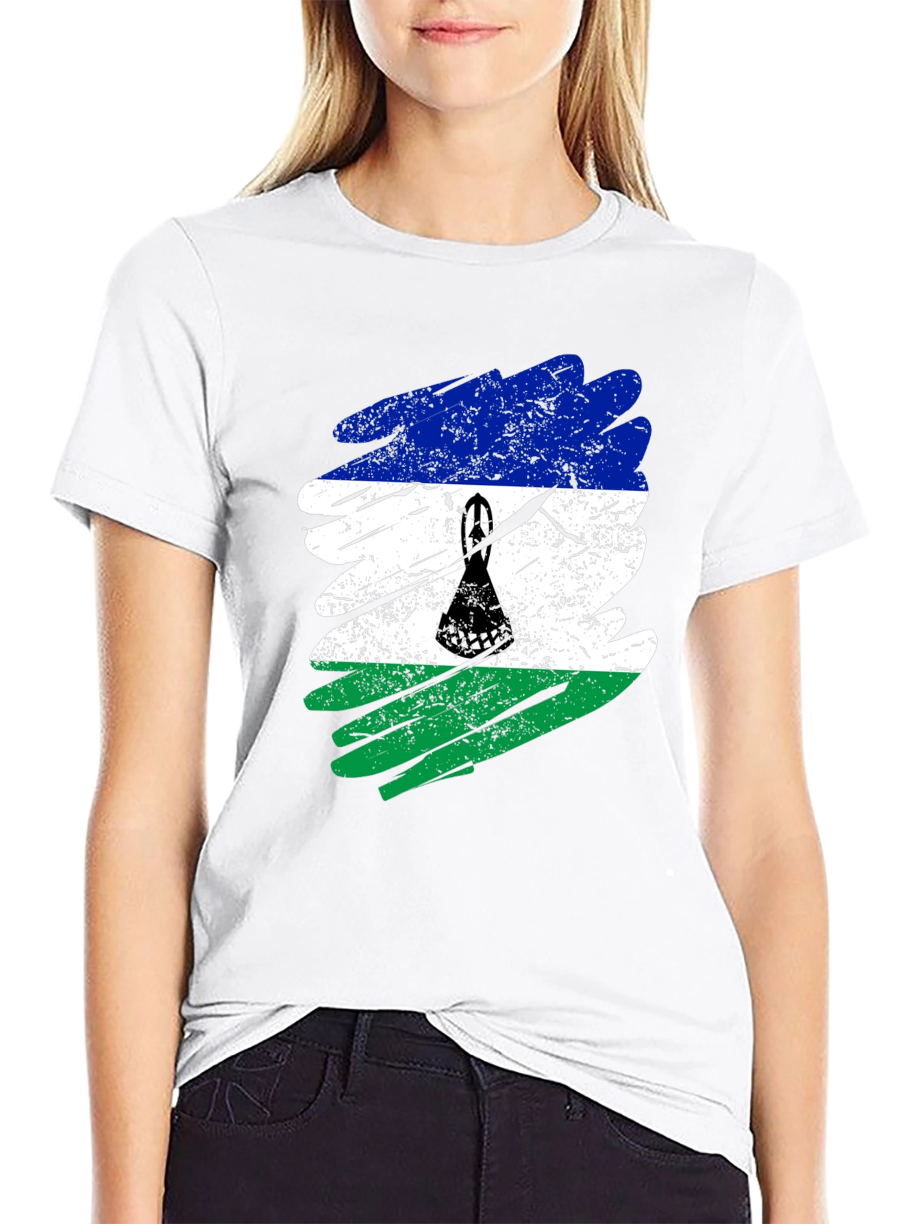 Lesotho Flag Brush Stroke Black T-Shirt