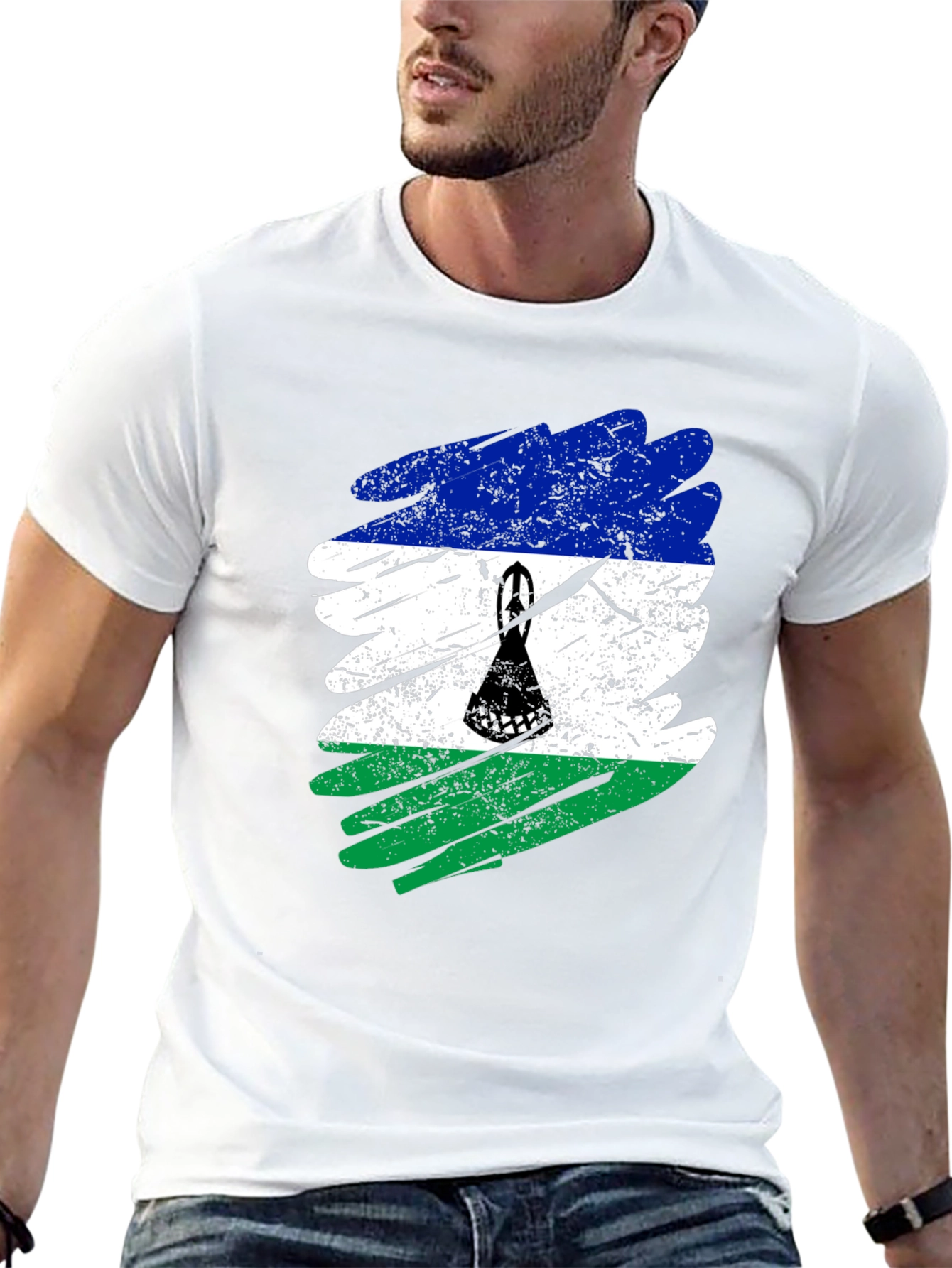 Lesotho Flag Brush Stroke Black T-Shirt