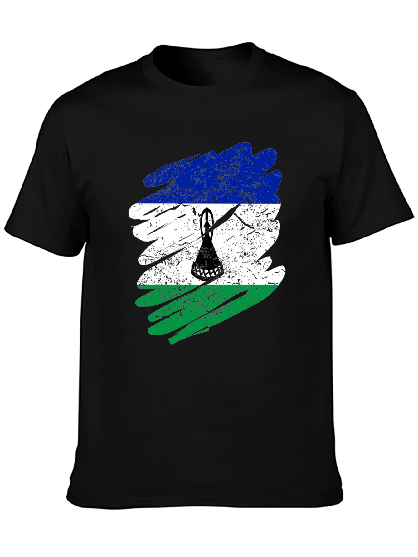 Lesotho Flag Brush Stroke Black T-Shirt