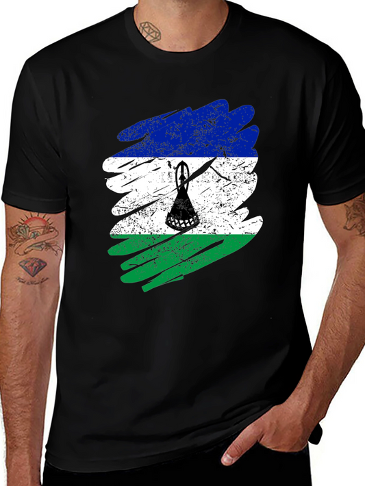 Lesotho Flag Brush Stroke Black T-Shirt
