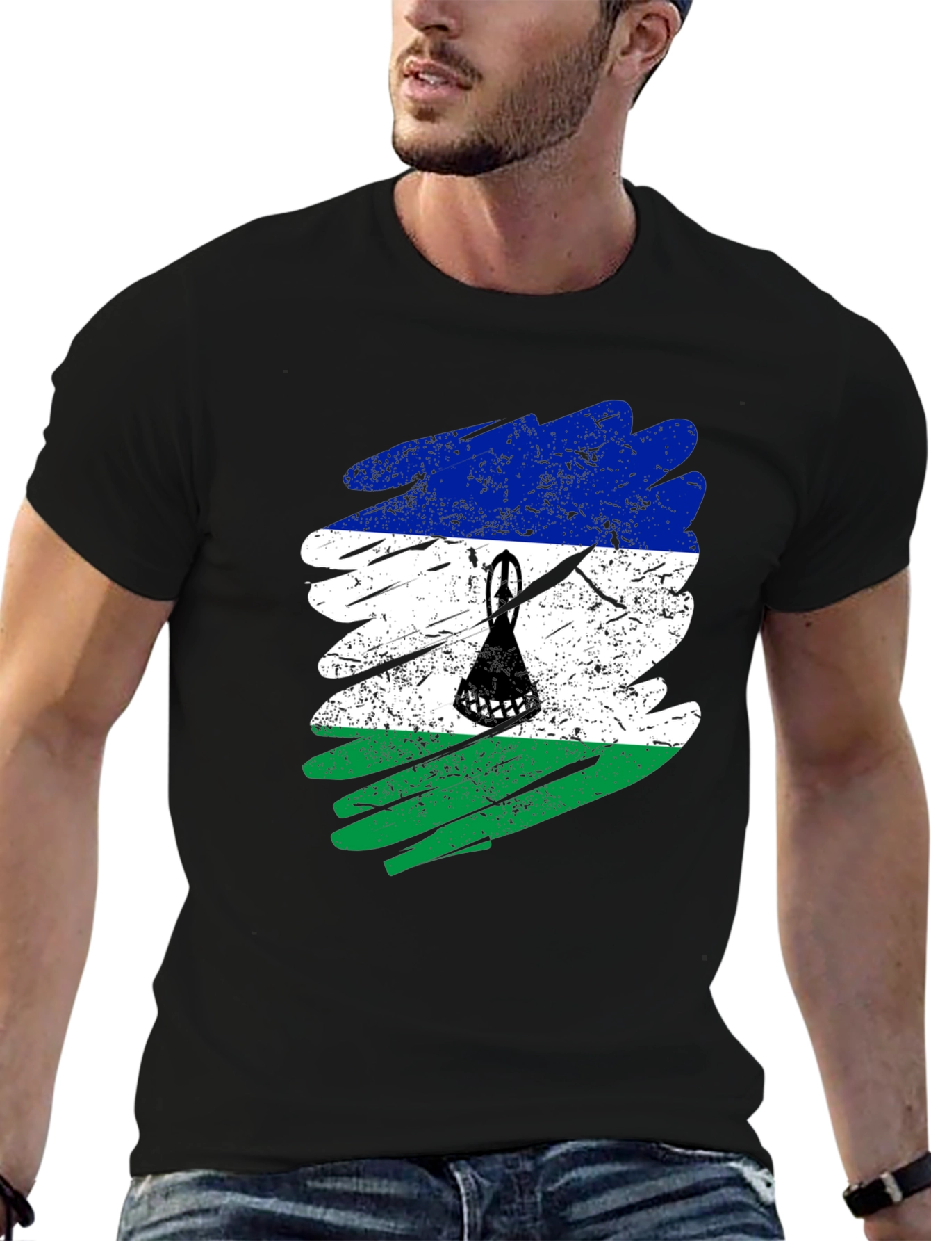Lesotho Flag Brush Stroke Black T-Shirt