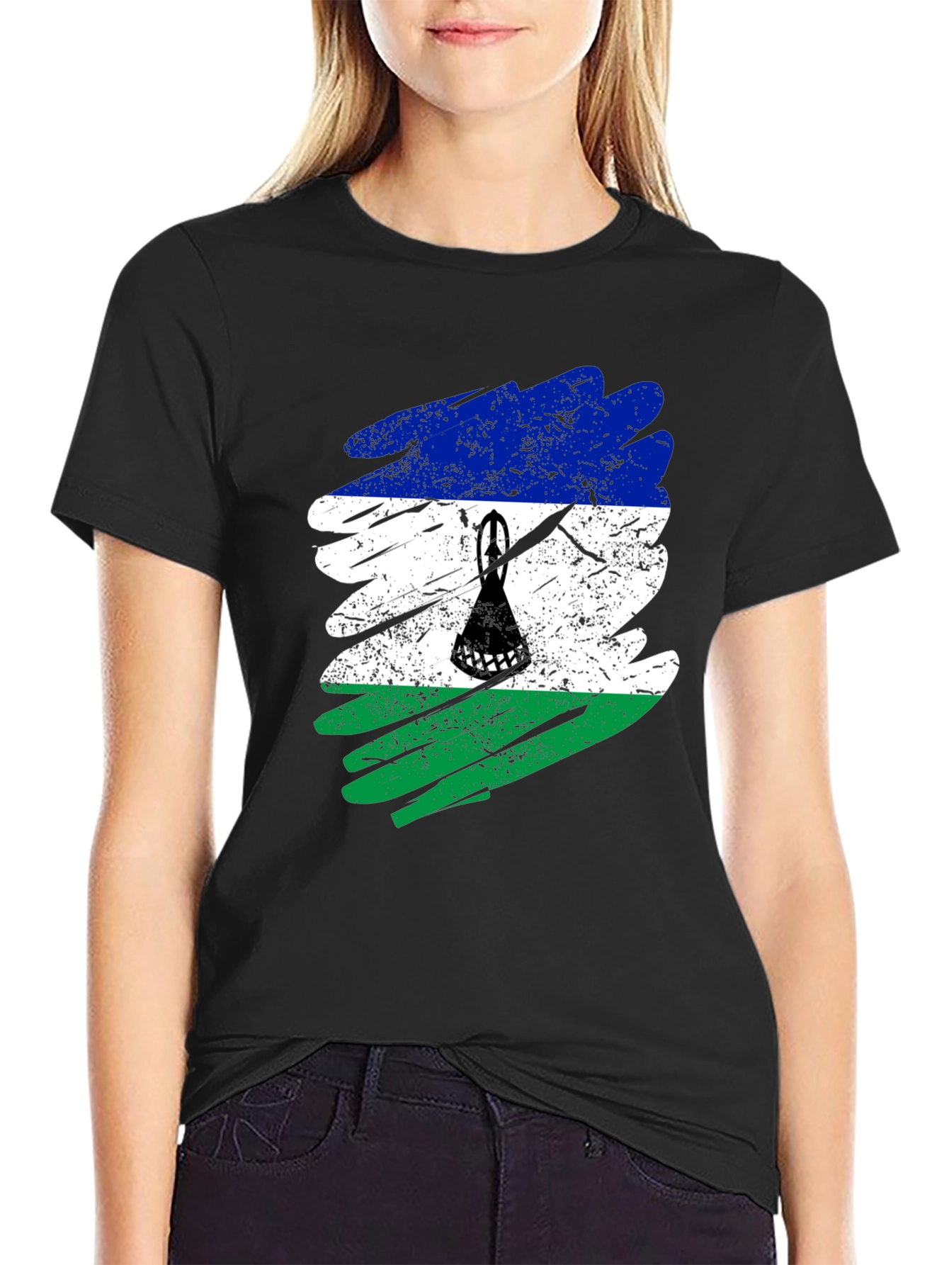 Lesotho Flag Brush Stroke Black T-Shirt