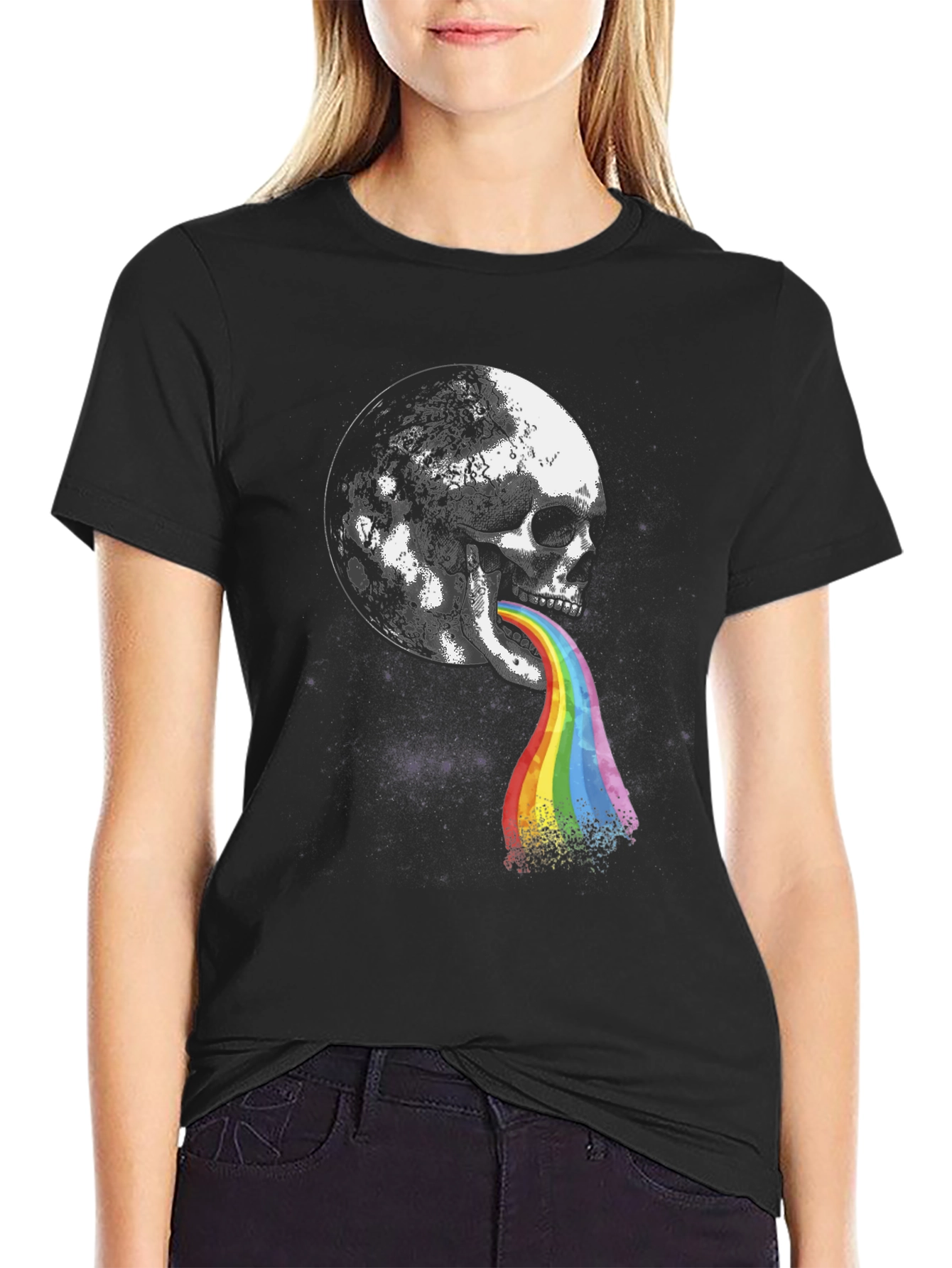 Skull Moon Rainbow Vomit Graphic Tee