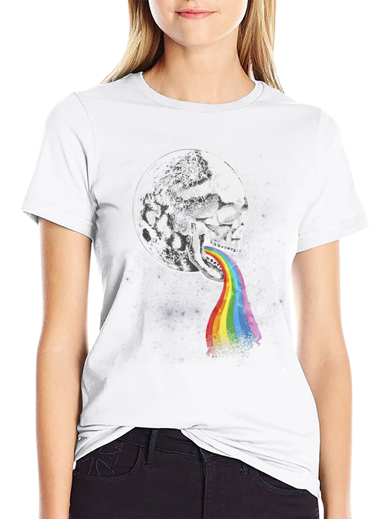 Skull Moon Rainbow Vomit Graphic Tee