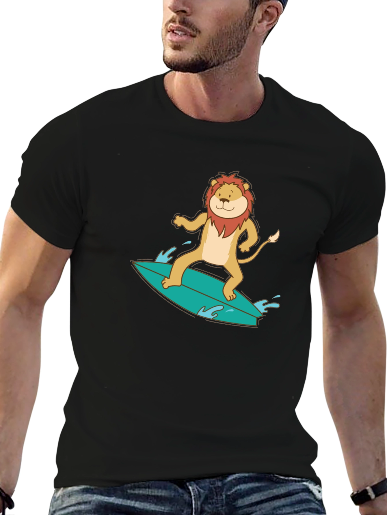 Lion Surfing Graphic Tee - Cool Animal T-Shirt