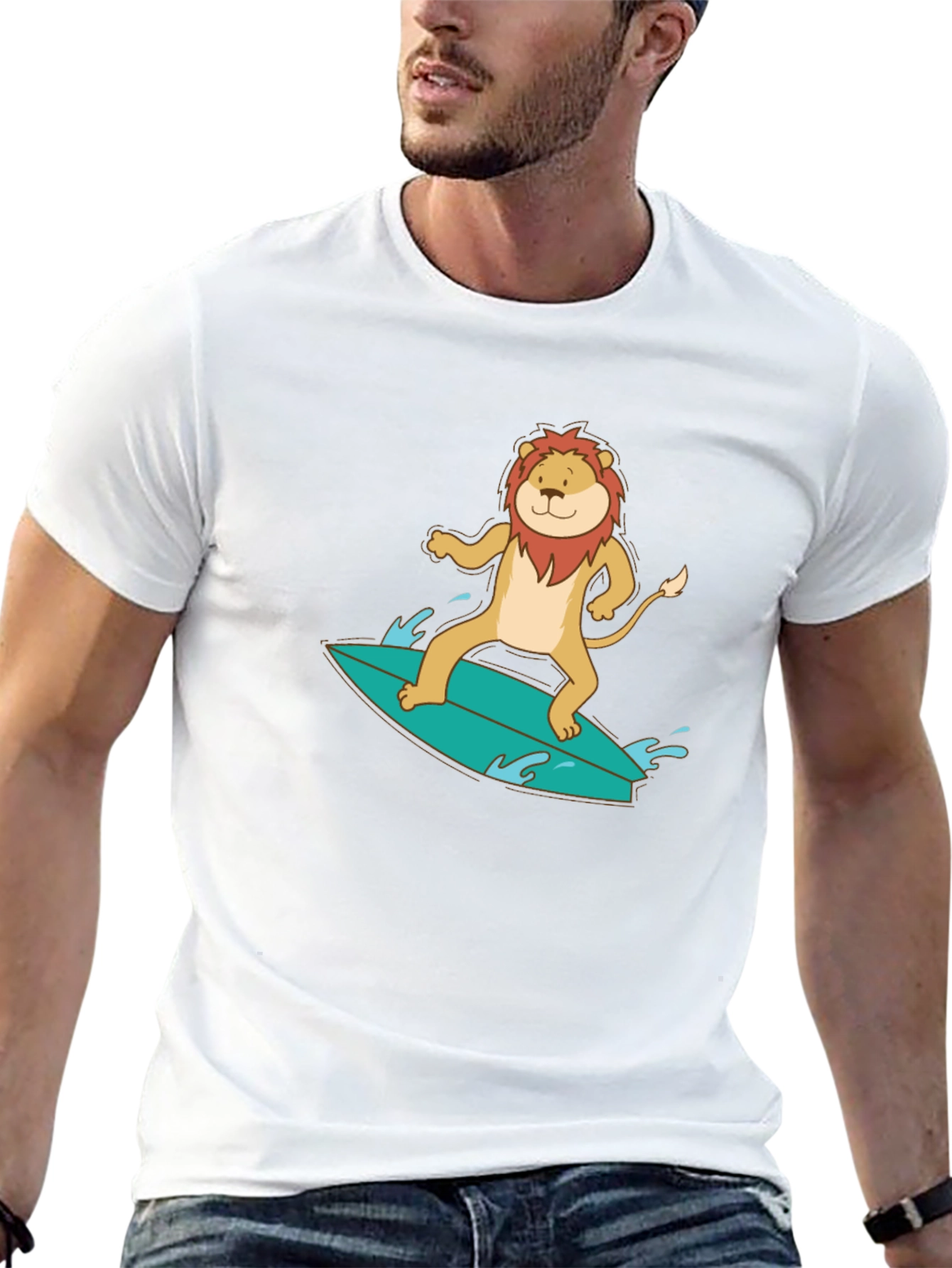 Lion Surfing Graphic Tee - Cool Animal T-Shirt
