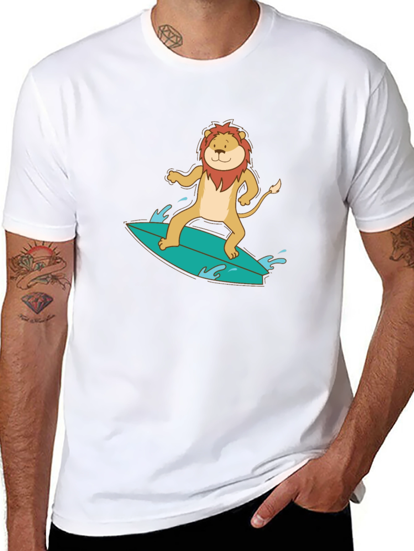 Lion Surfing Graphic Tee - Cool Animal T-Shirt