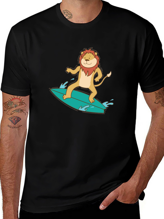 Lion Surfing Graphic Tee - Cool Animal T-Shirt