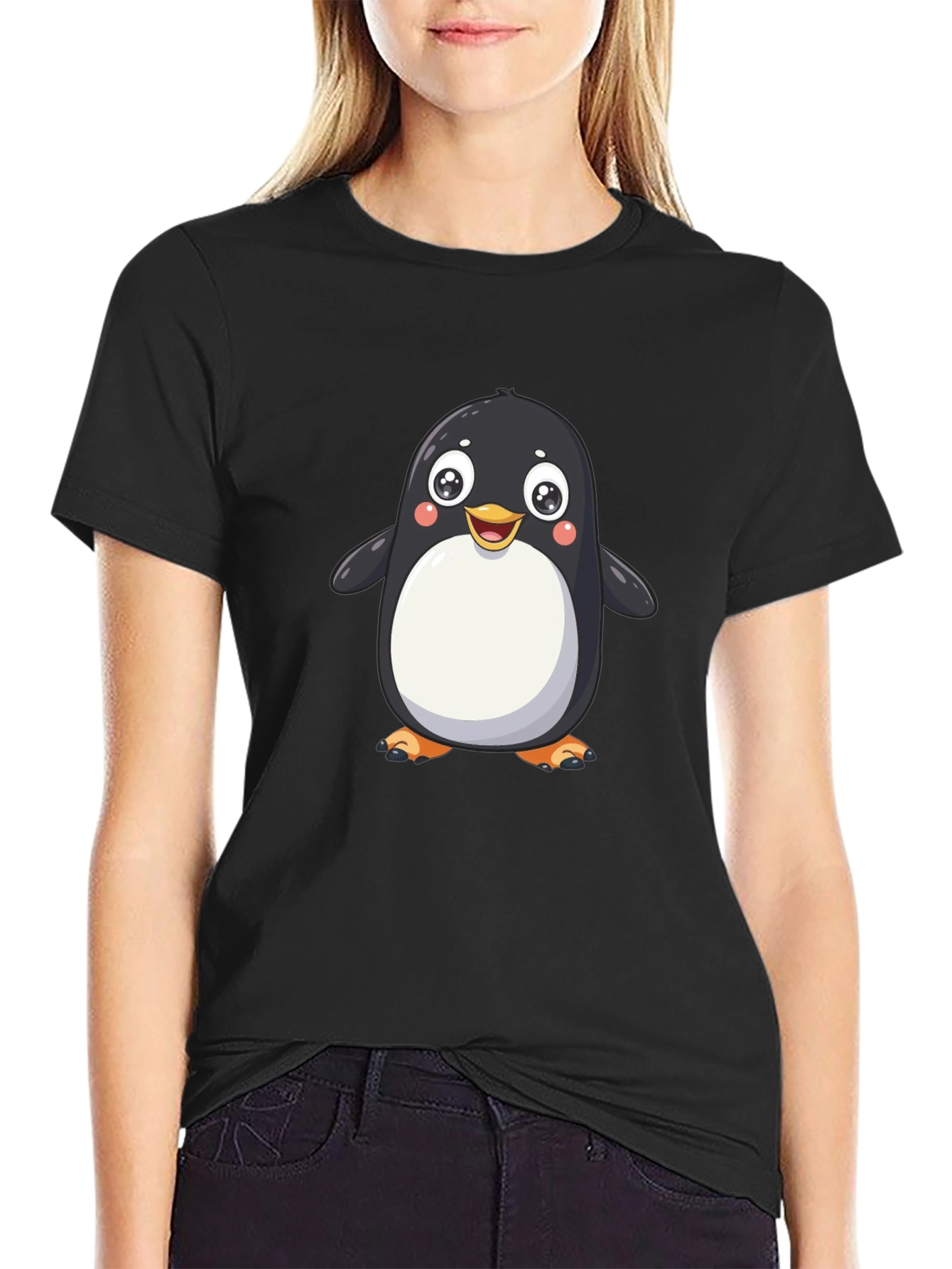 Cute Cartoon Penguin Graphic Tee - Black