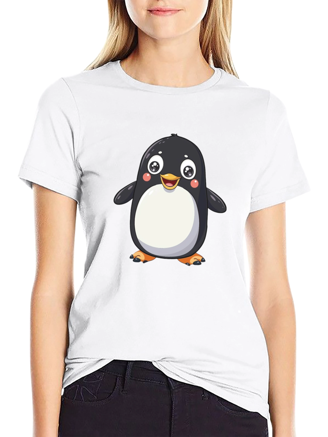 Cute Cartoon Penguin Graphic Tee - Black
