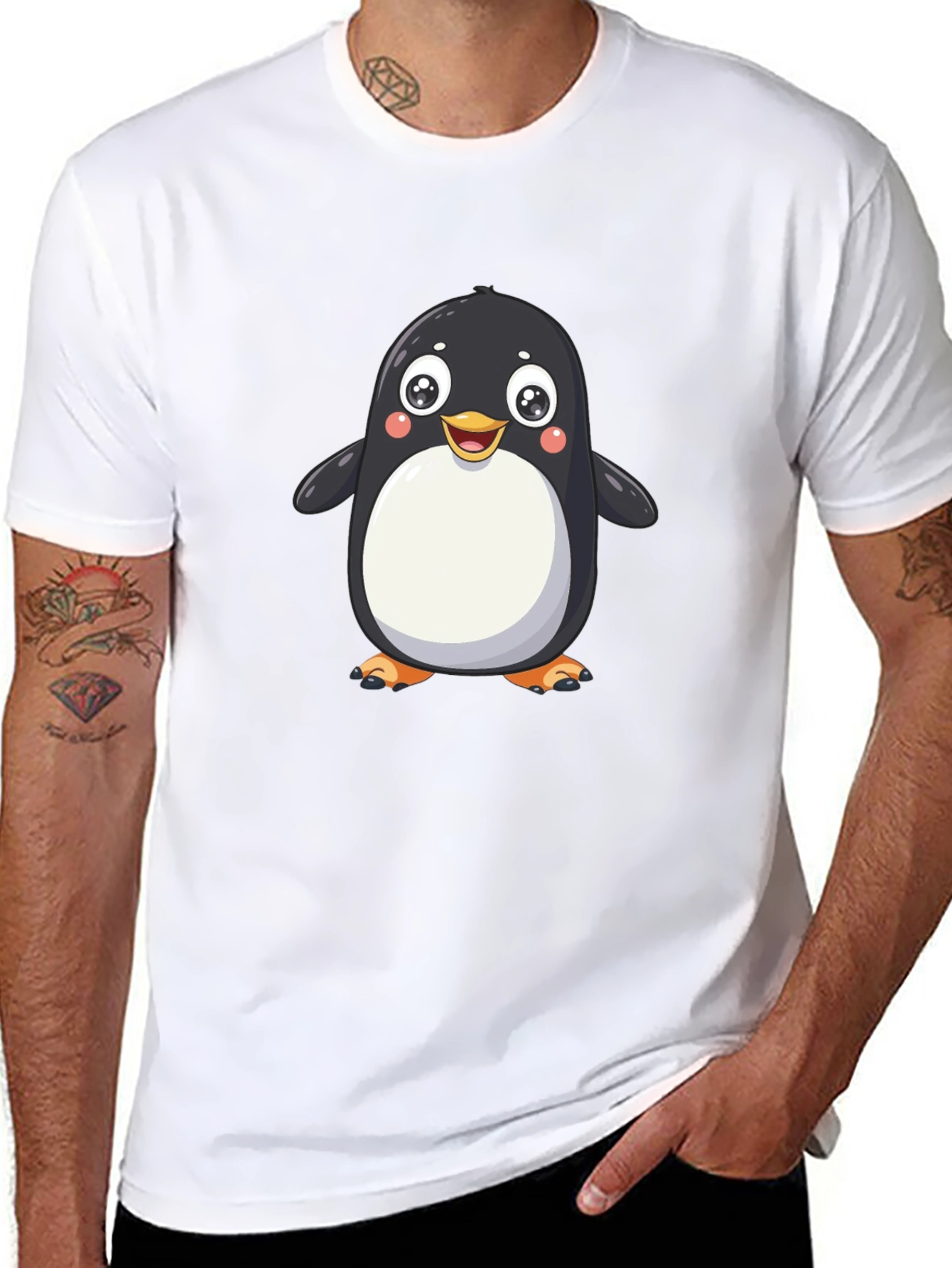 Cute Cartoon Penguin Graphic Tee - Black