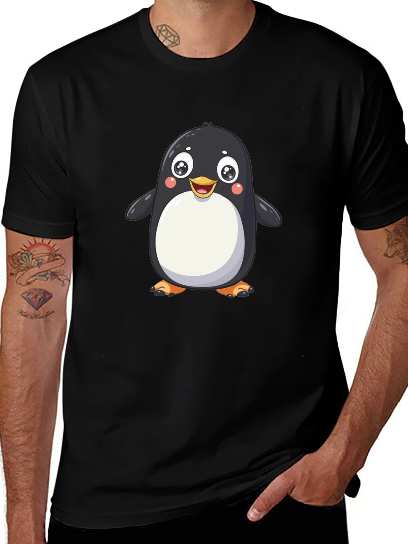 Cute Cartoon Penguin Graphic Tee - Black
