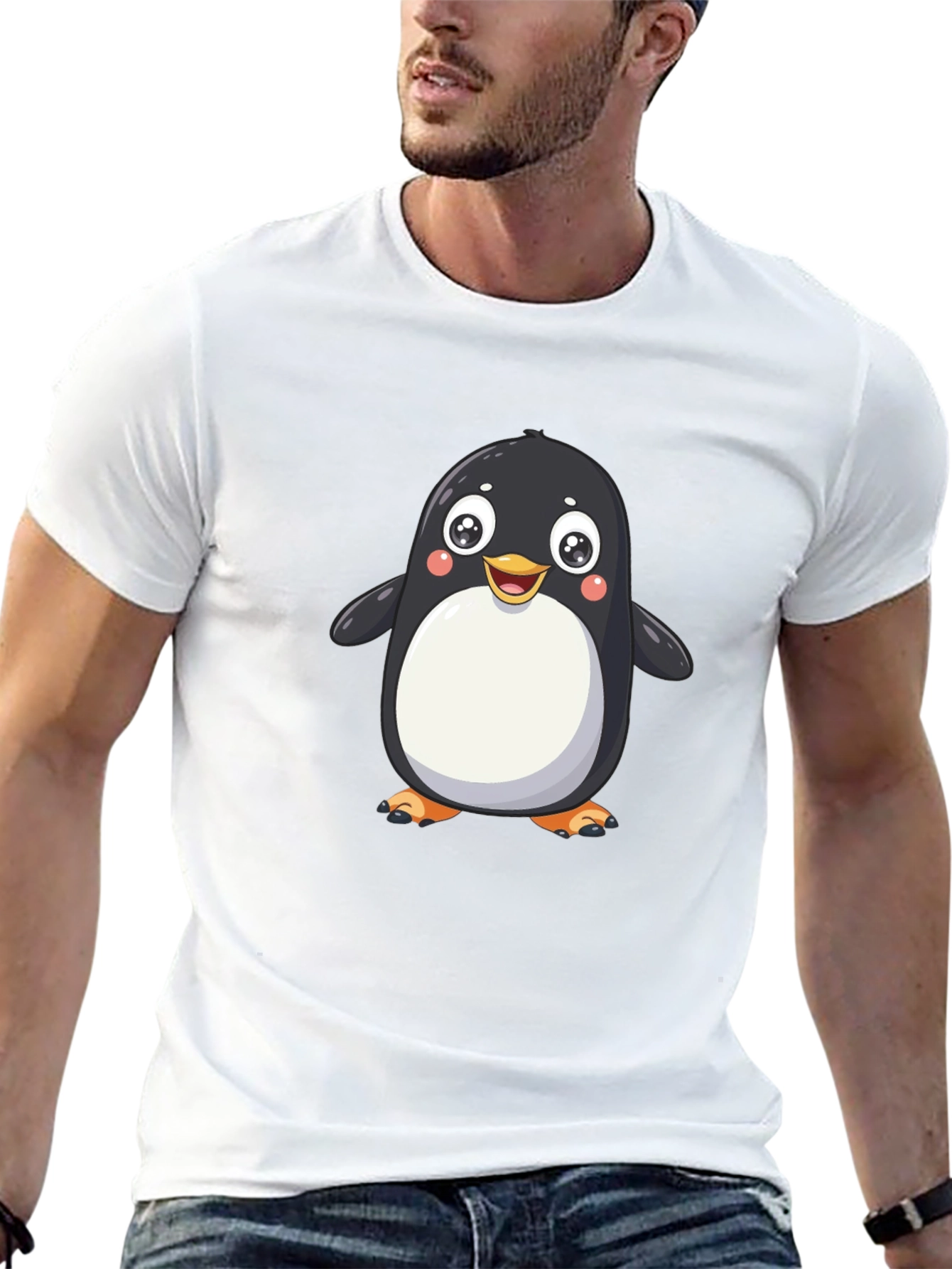 Cute Cartoon Penguin Graphic Tee - Black