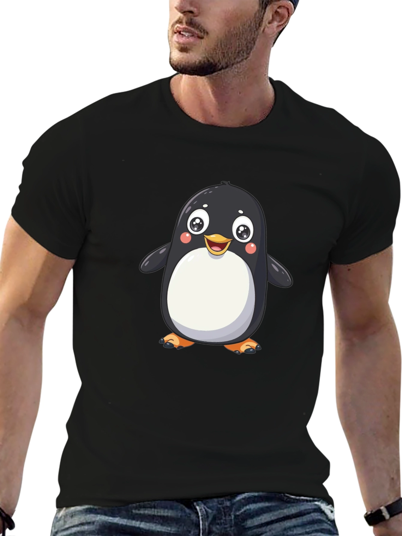 Cute Cartoon Penguin Graphic Tee - Black