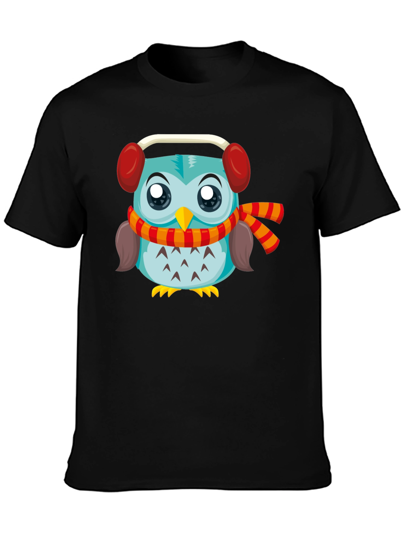 Owl with Earmuffs Graphic Black T-Shirt