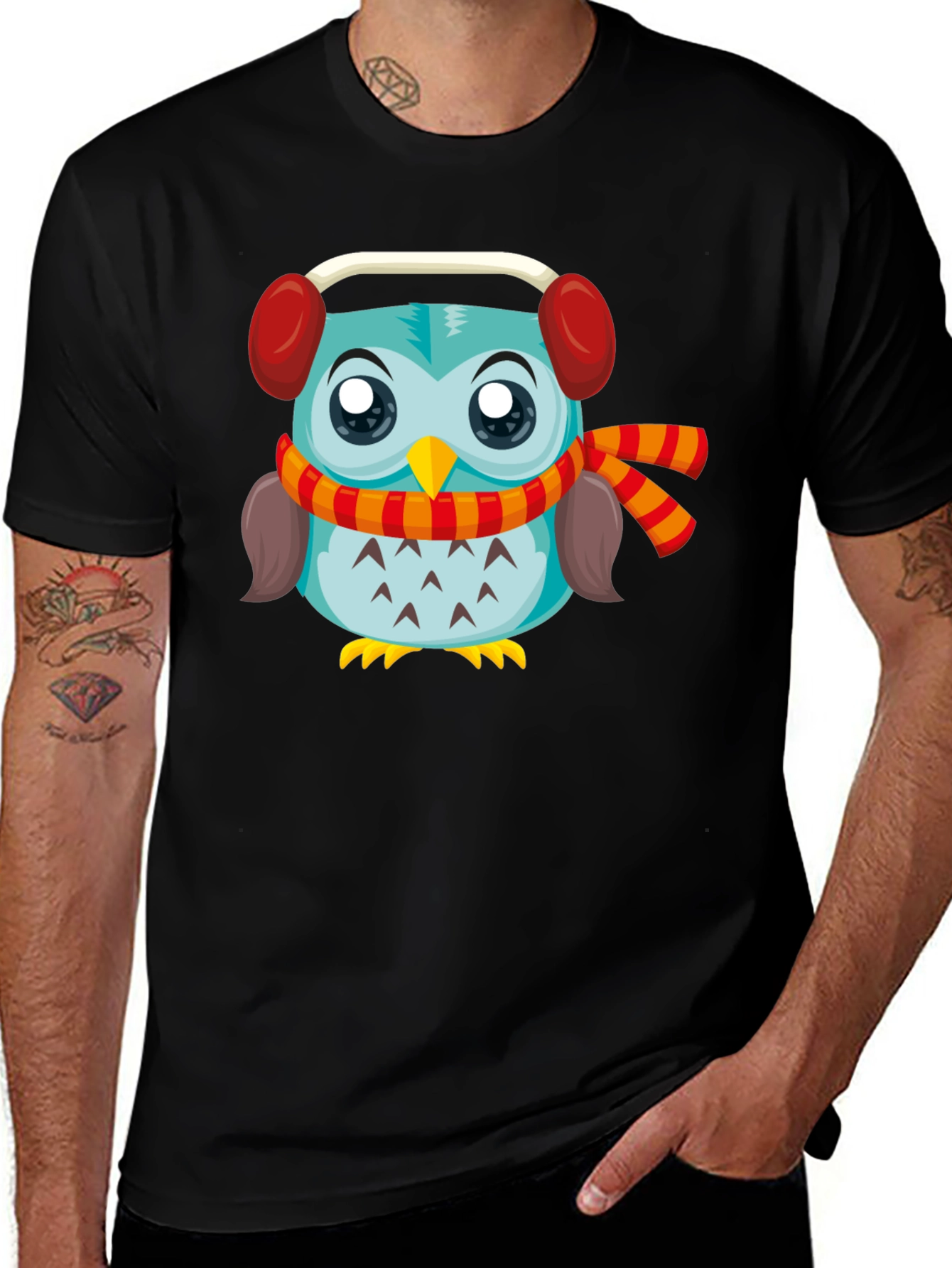 Owl with Earmuffs Graphic Black T-Shirt