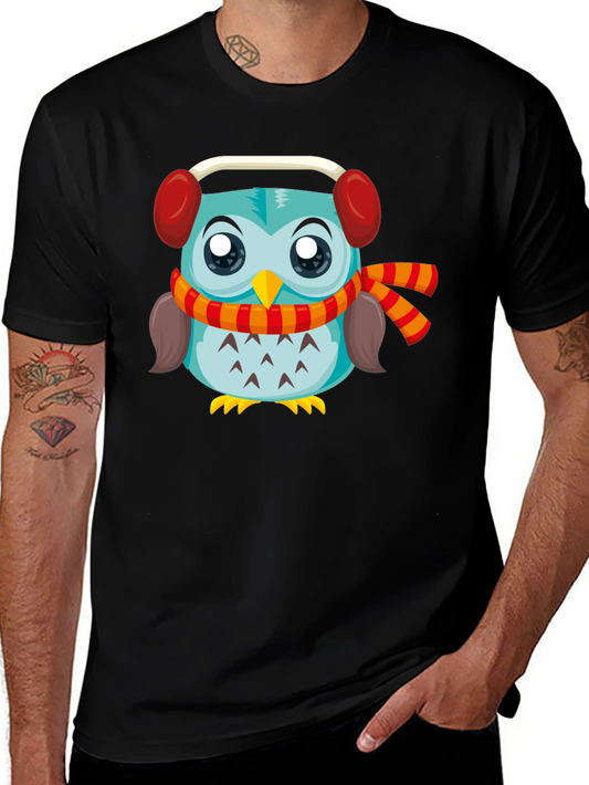 Owl with Earmuffs Graphic Black T-Shirt