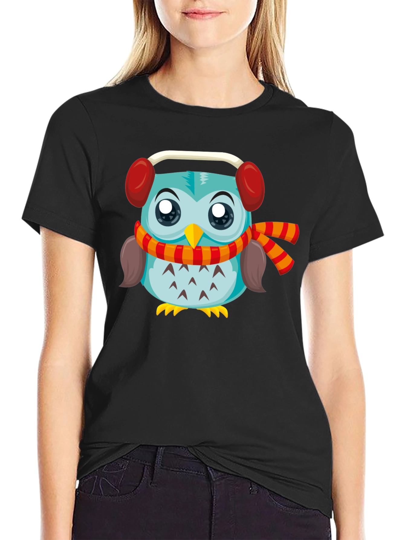 Owl with Earmuffs Graphic Black T-Shirt