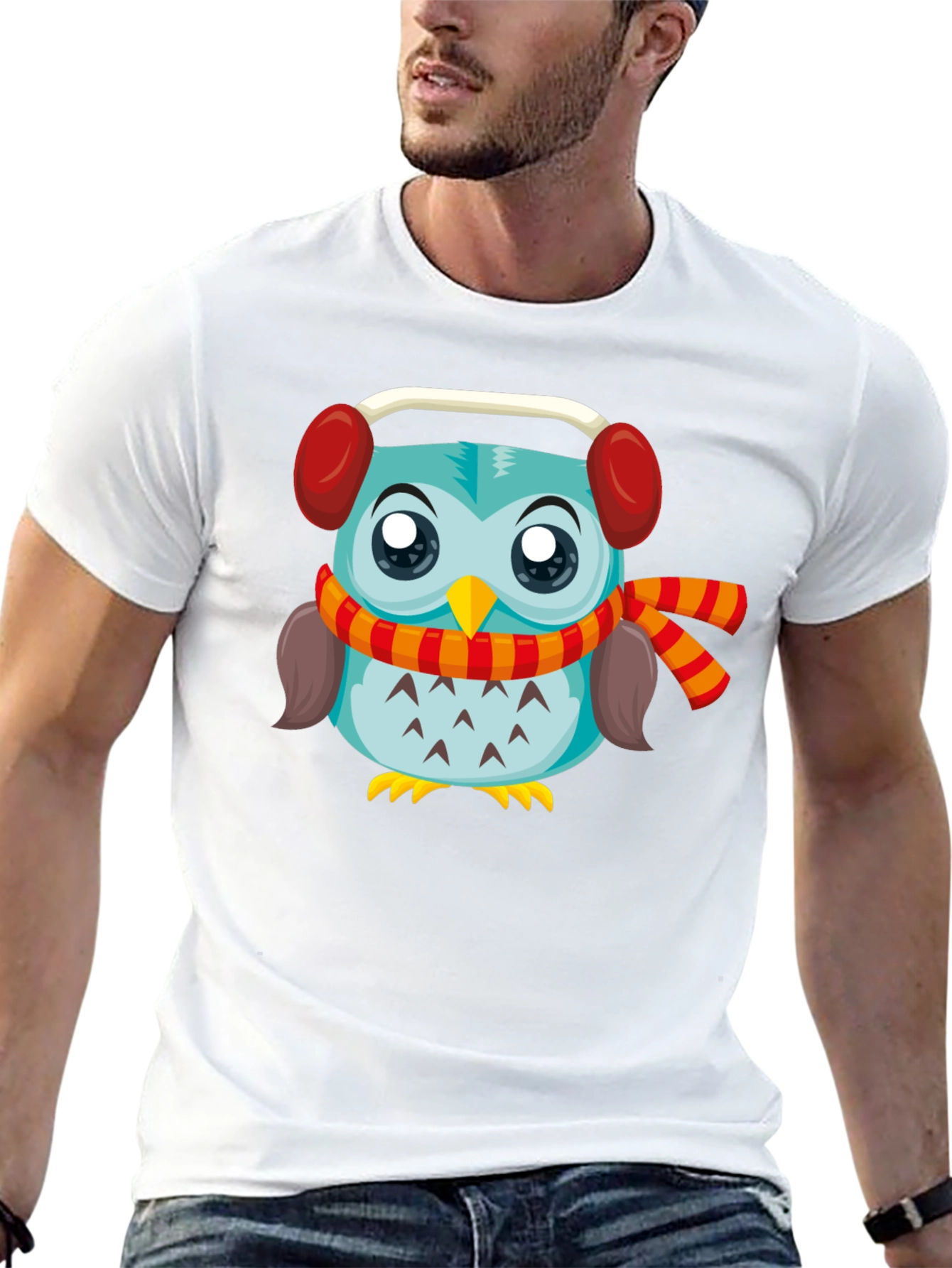 Owl with Earmuffs Graphic Black T-Shirt