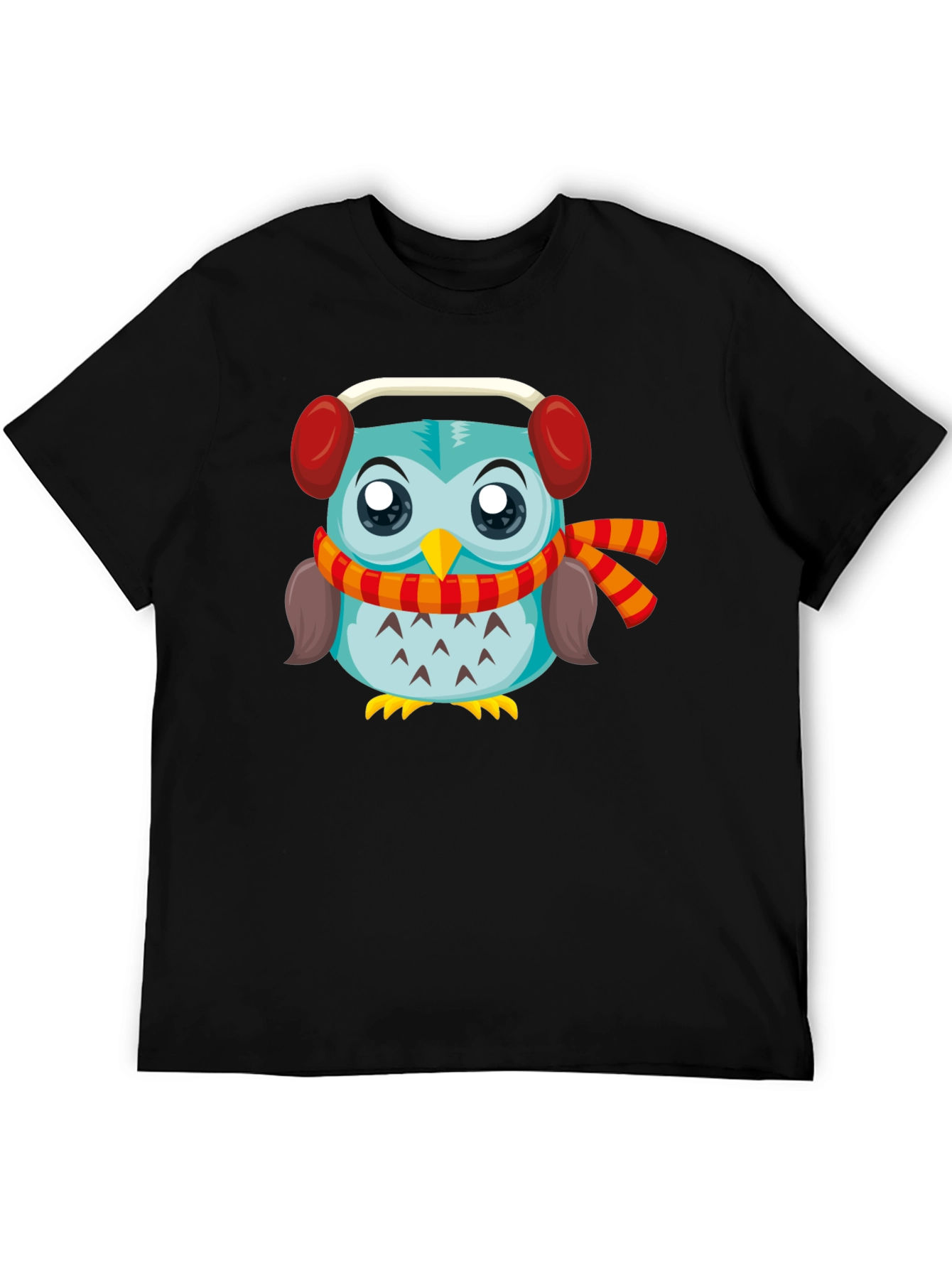 Owl with Earmuffs Graphic Black T-Shirt