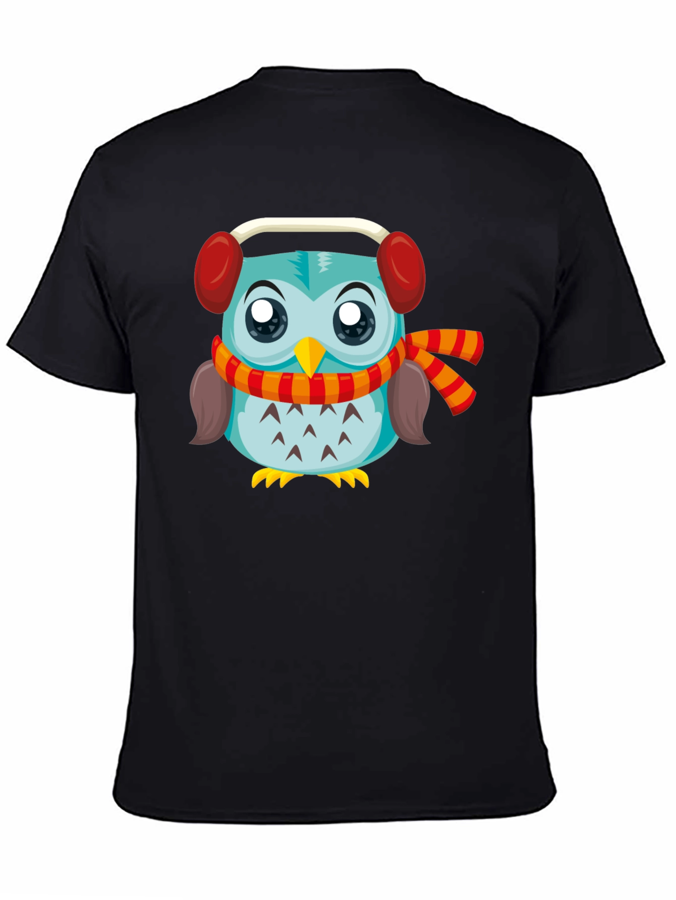 Owl with Earmuffs Graphic Black T-Shirt