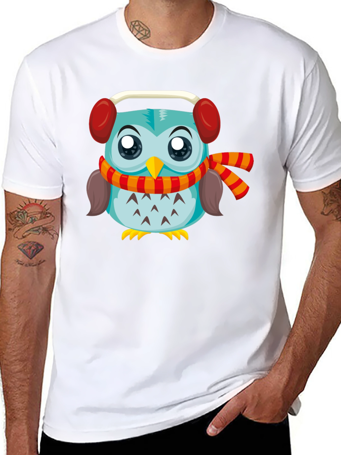 Owl with Earmuffs Graphic Black T-Shirt