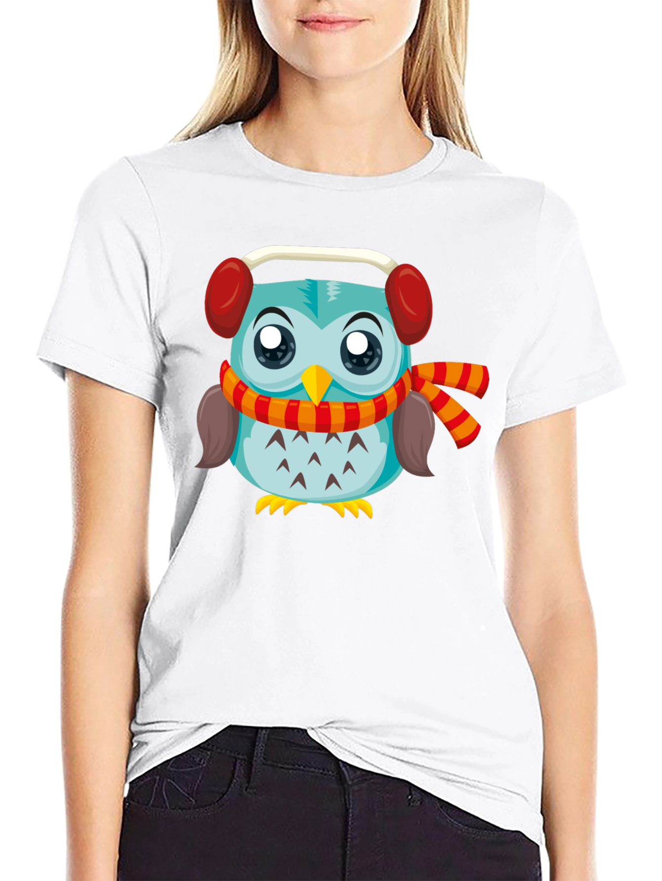 Owl with Earmuffs Graphic Black T-Shirt