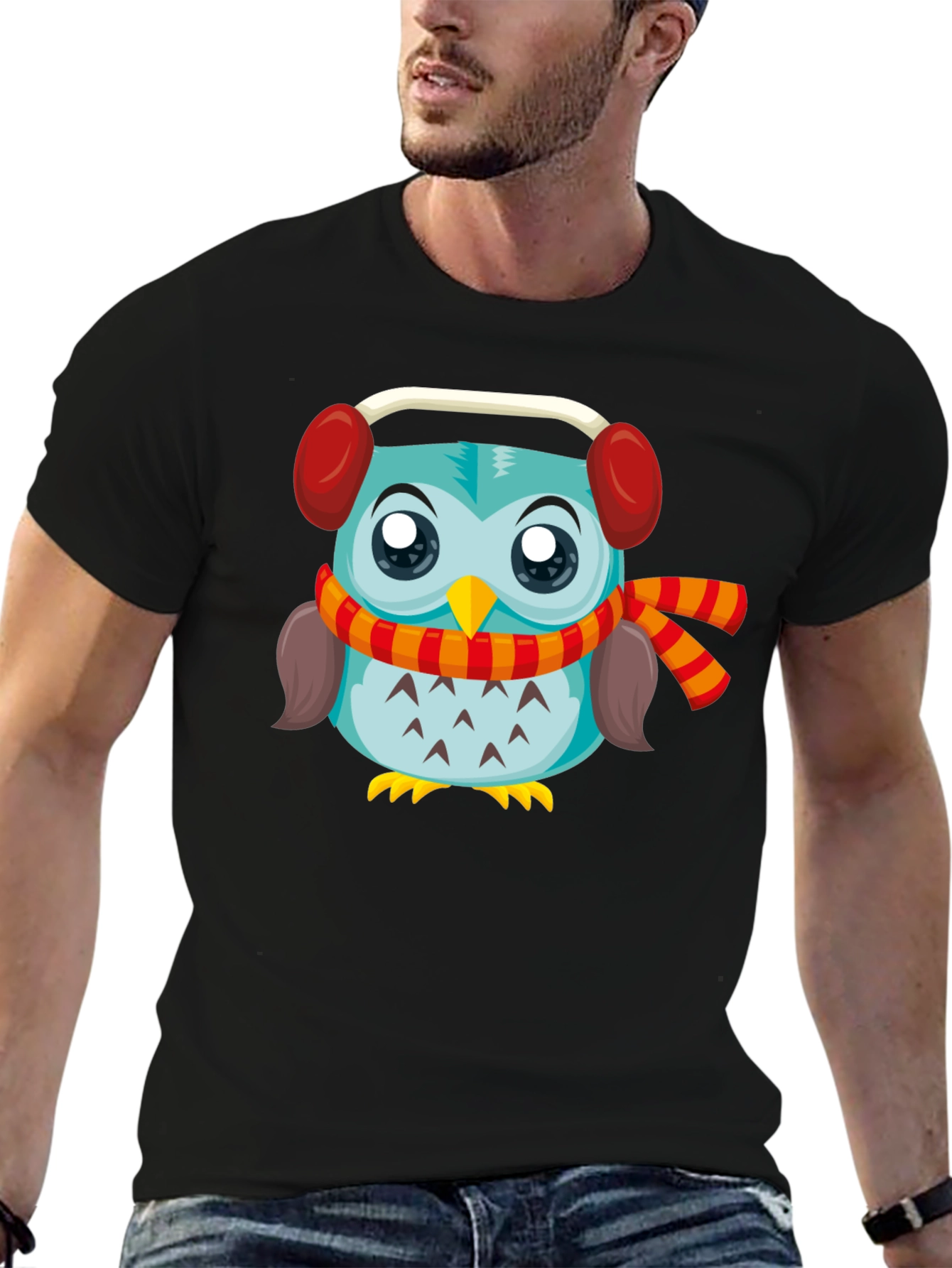 Owl with Earmuffs Graphic Black T-Shirt