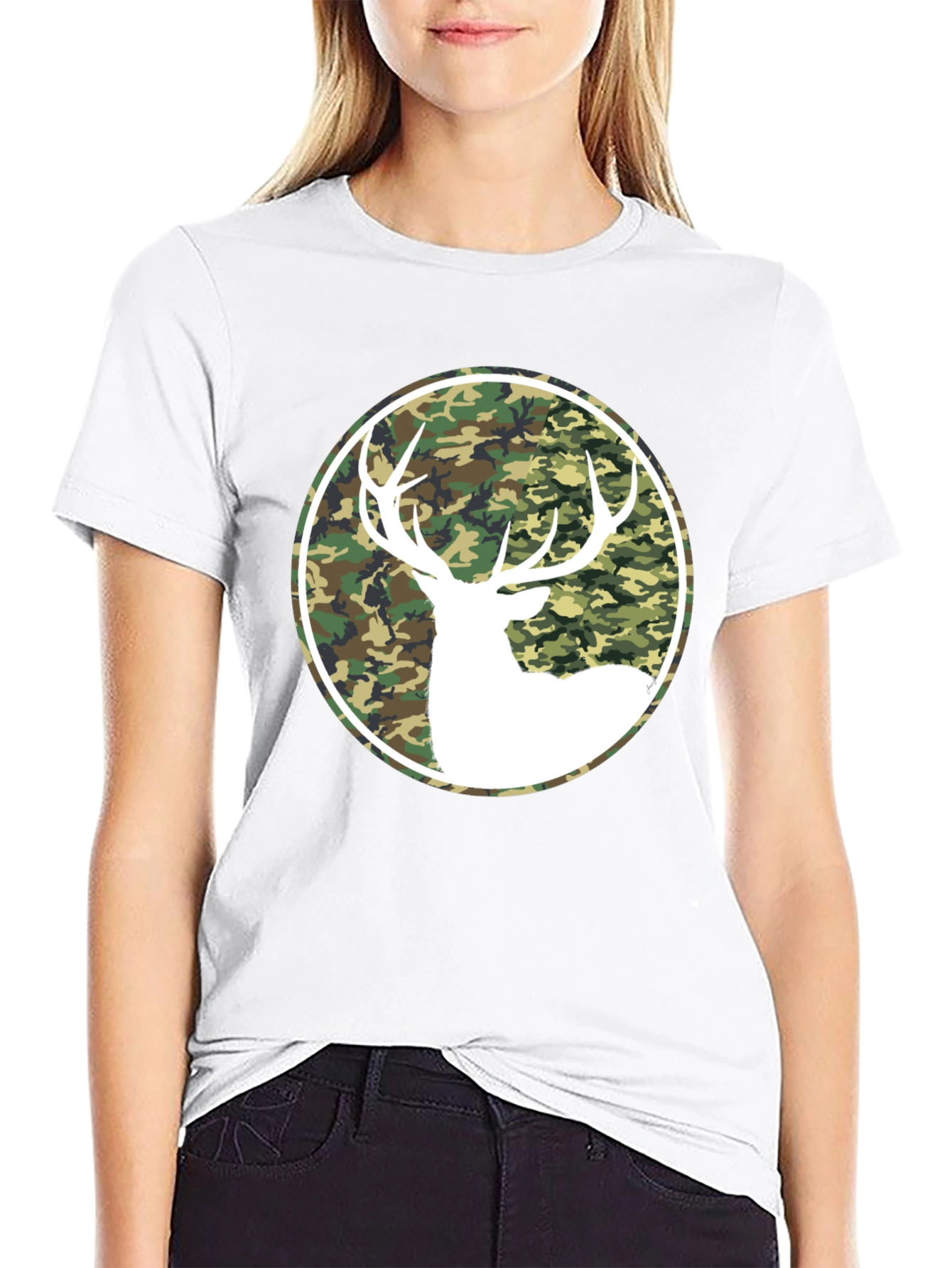 Camo Deer Graphic Tee - Black Cotton T-Shirt