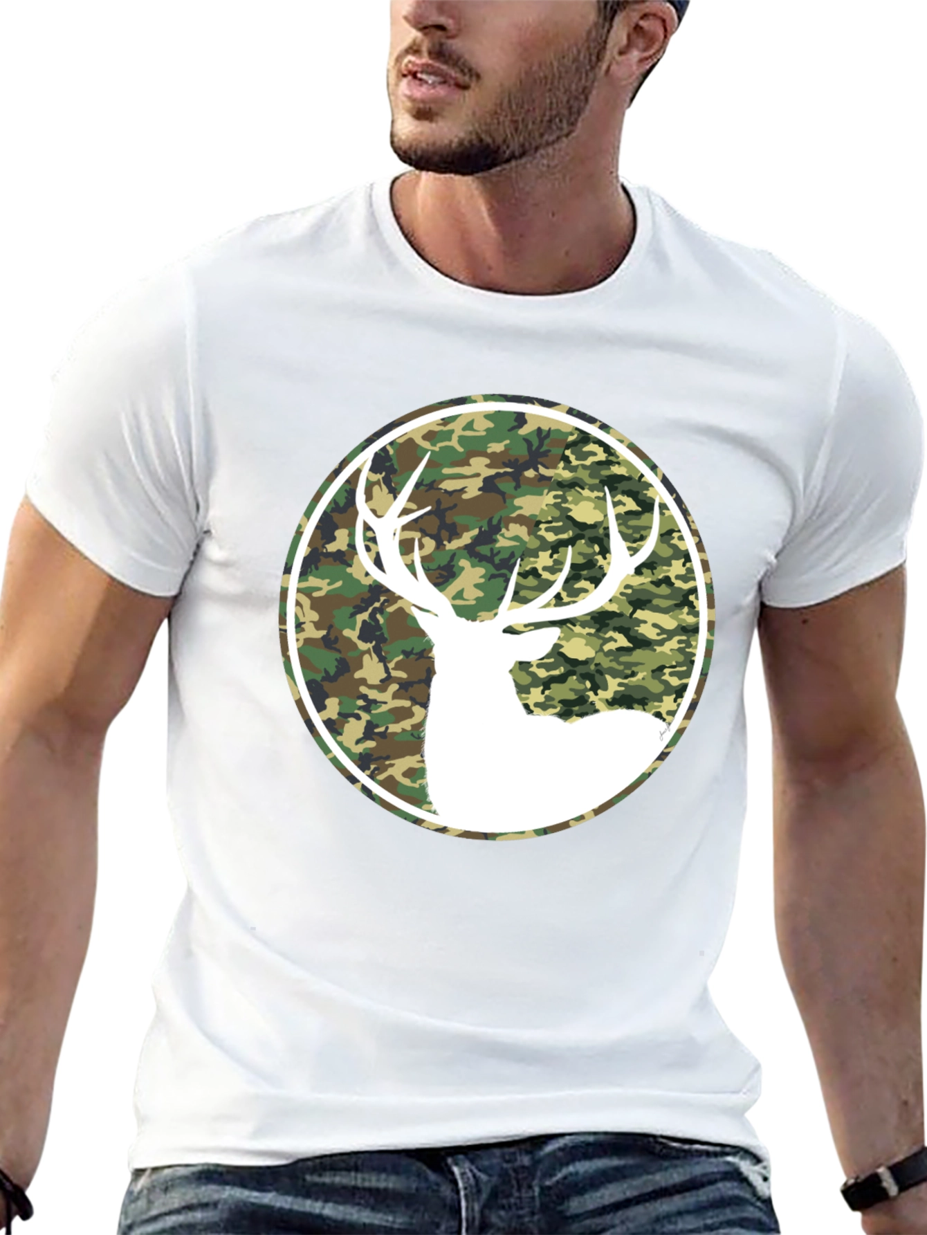 Camo Deer Graphic Tee - Black Cotton T-Shirt
