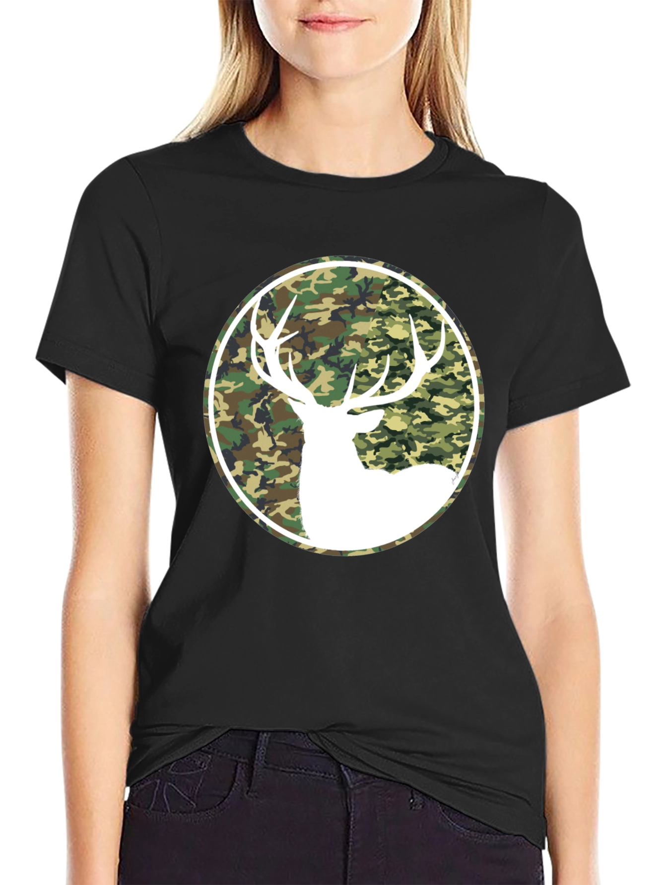 Camo Deer Graphic Tee - Black Cotton T-Shirt