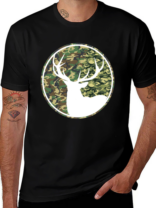 Camo Deer Graphic Tee - Black Cotton T-Shirt