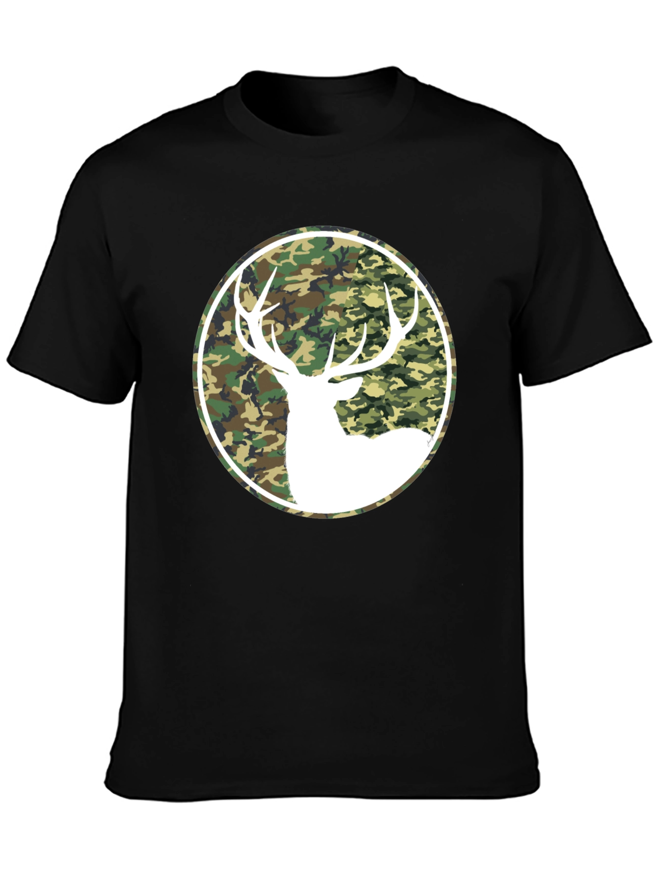 Camo Deer Graphic Tee - Black Cotton T-Shirt