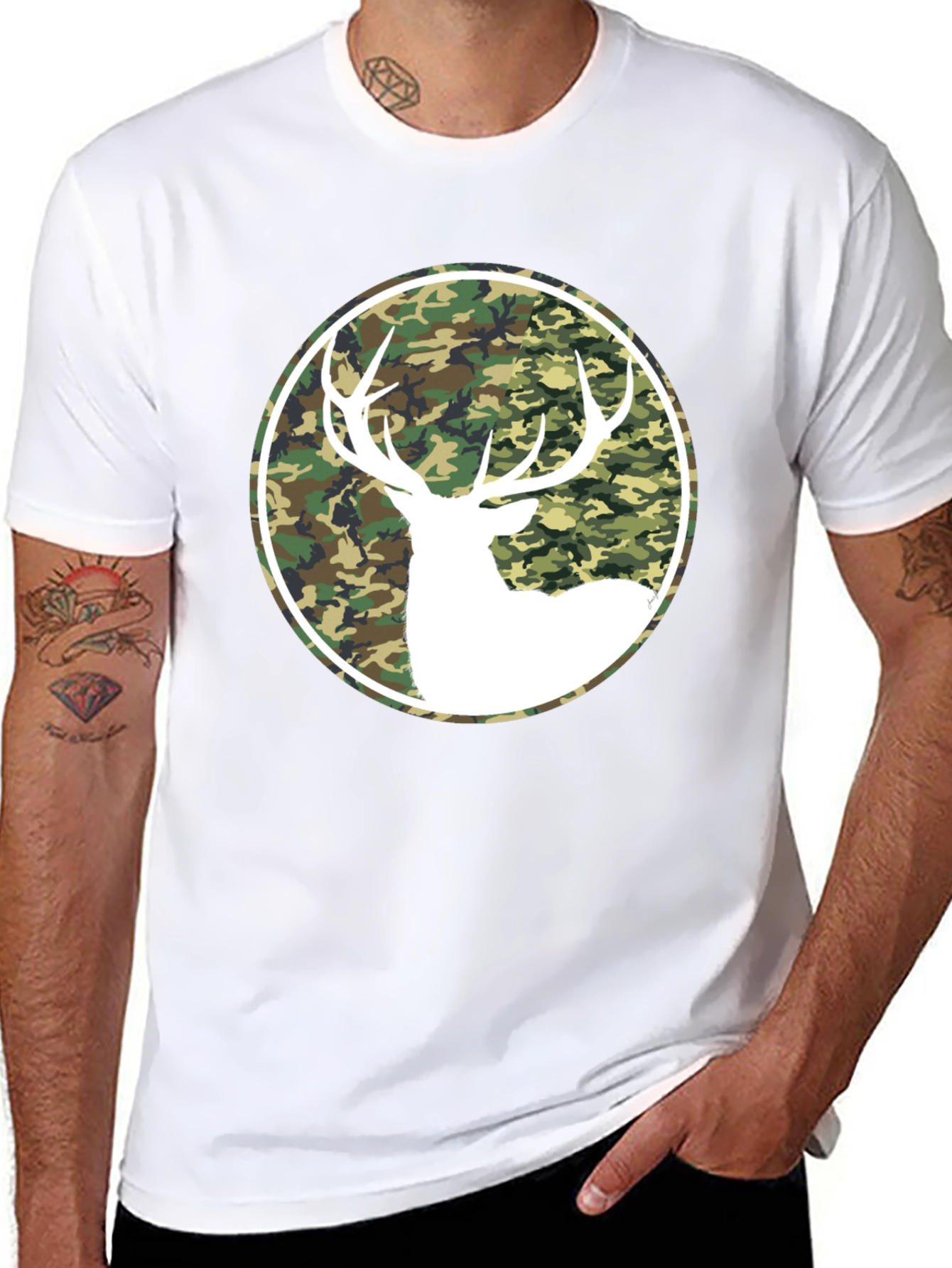 Camo Deer Graphic Tee - Black Cotton T-Shirt