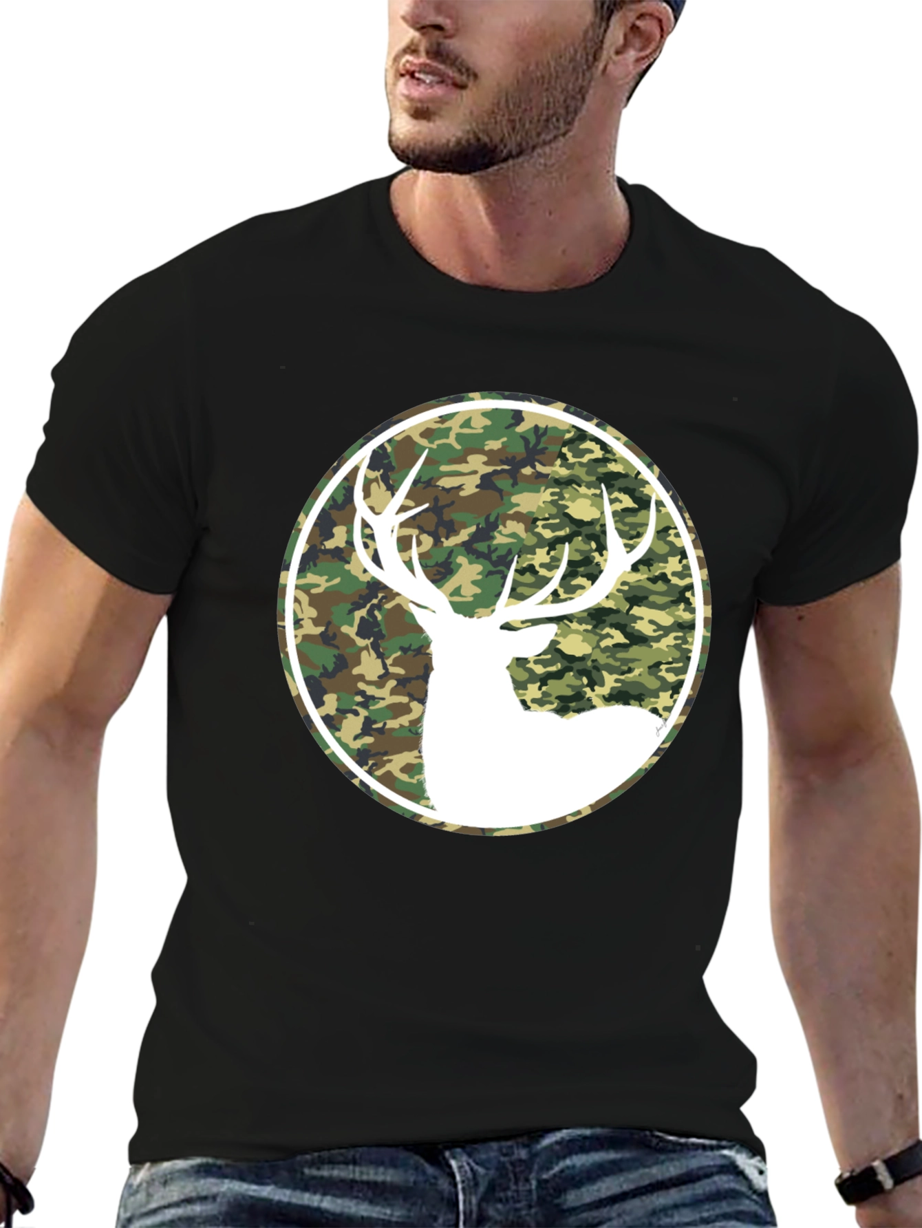 Camo Deer Graphic Tee - Black Cotton T-Shirt