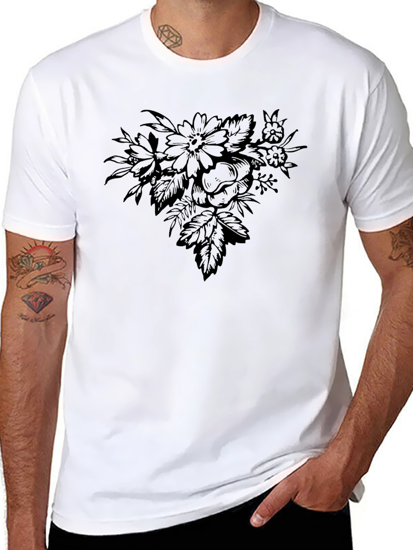 Floral Graphic Print Black Crew Neck T-Shirt