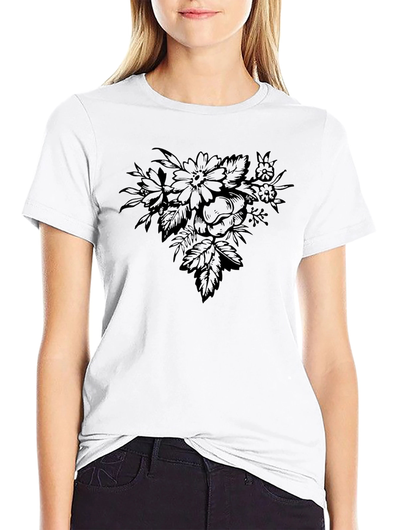 Floral Graphic Print Black Crew Neck T-Shirt