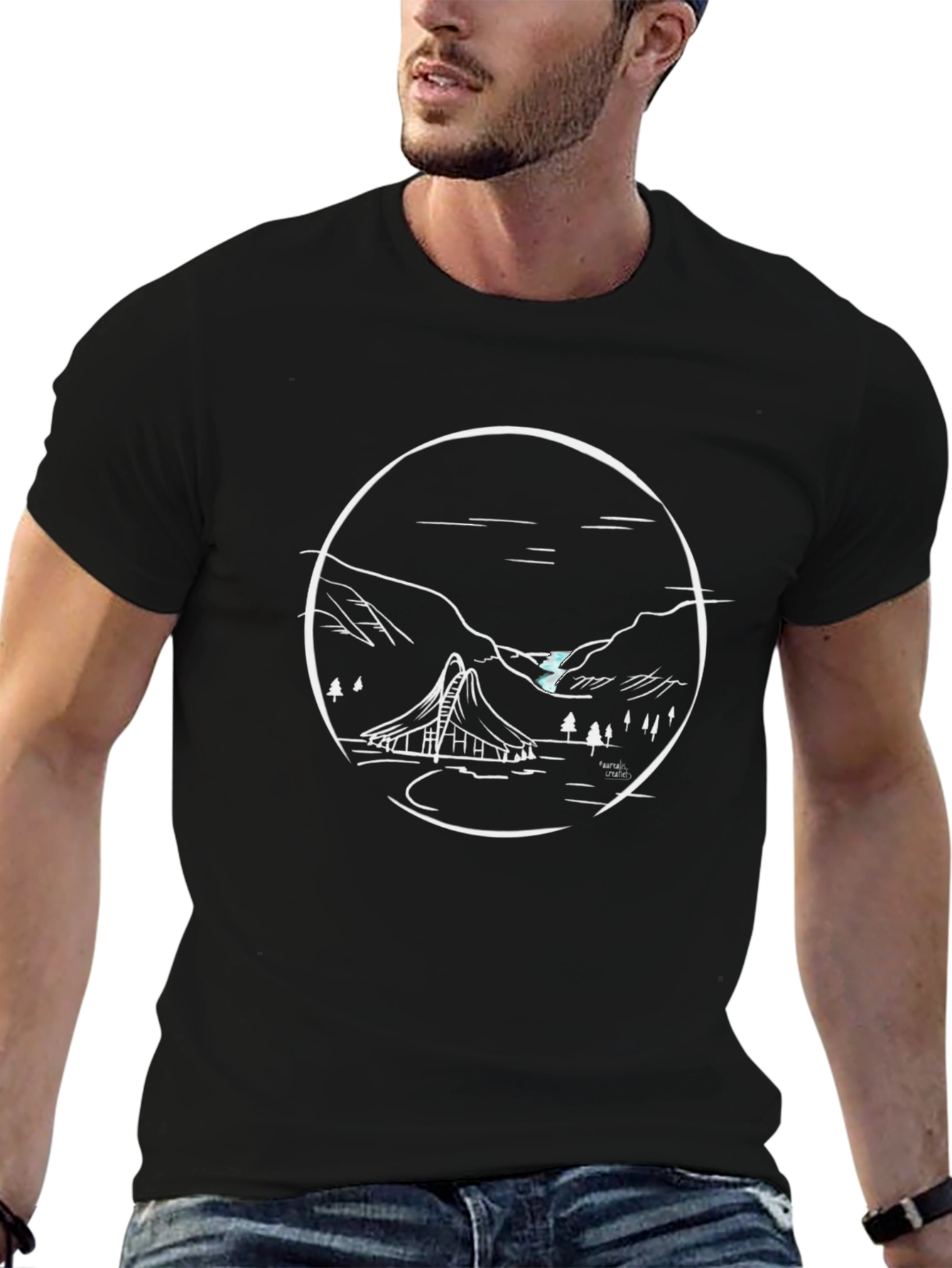 Black T-Shirt with Unique Mountain Landscape Design