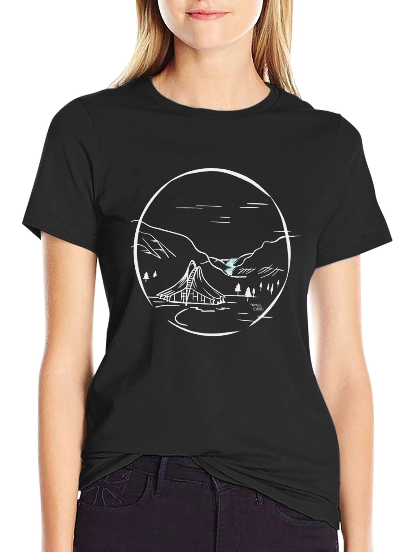 Black T-Shirt with Unique Mountain Landscape Design
