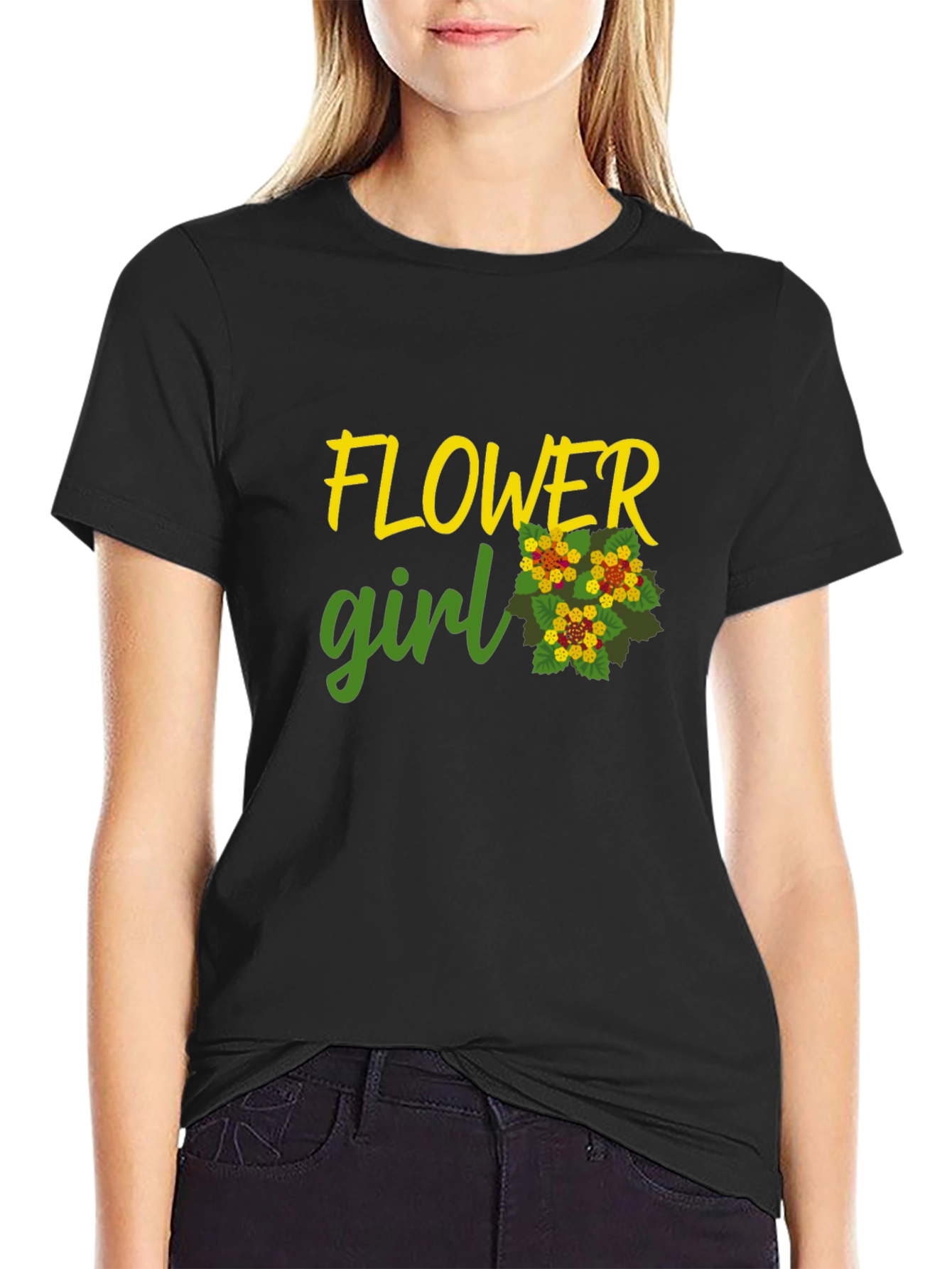 Flower Girl Graphic Tee - Black Cotton Casual Shirt