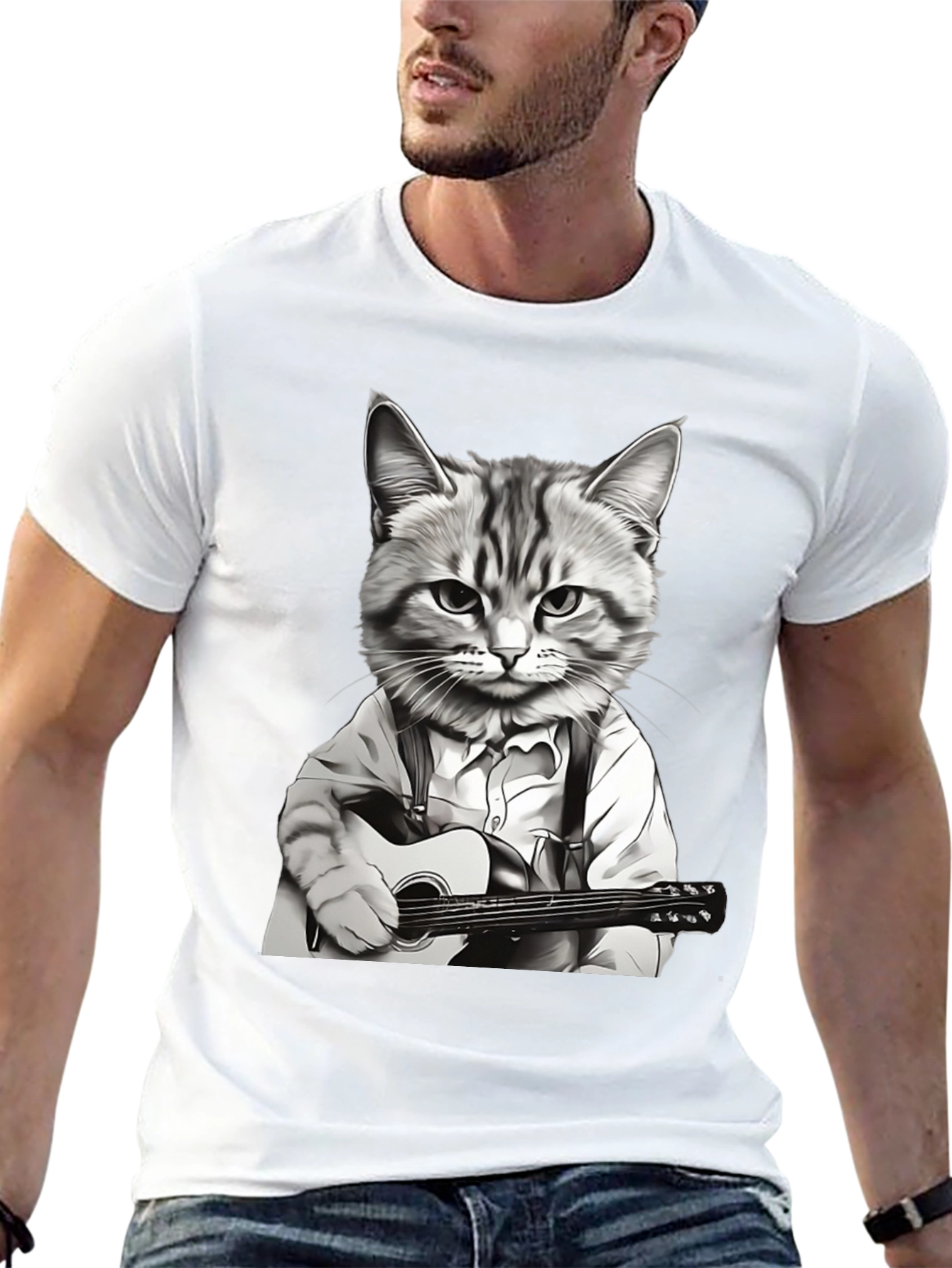 Cat Musician Graphic Tee - Black Cotton T-Shirt