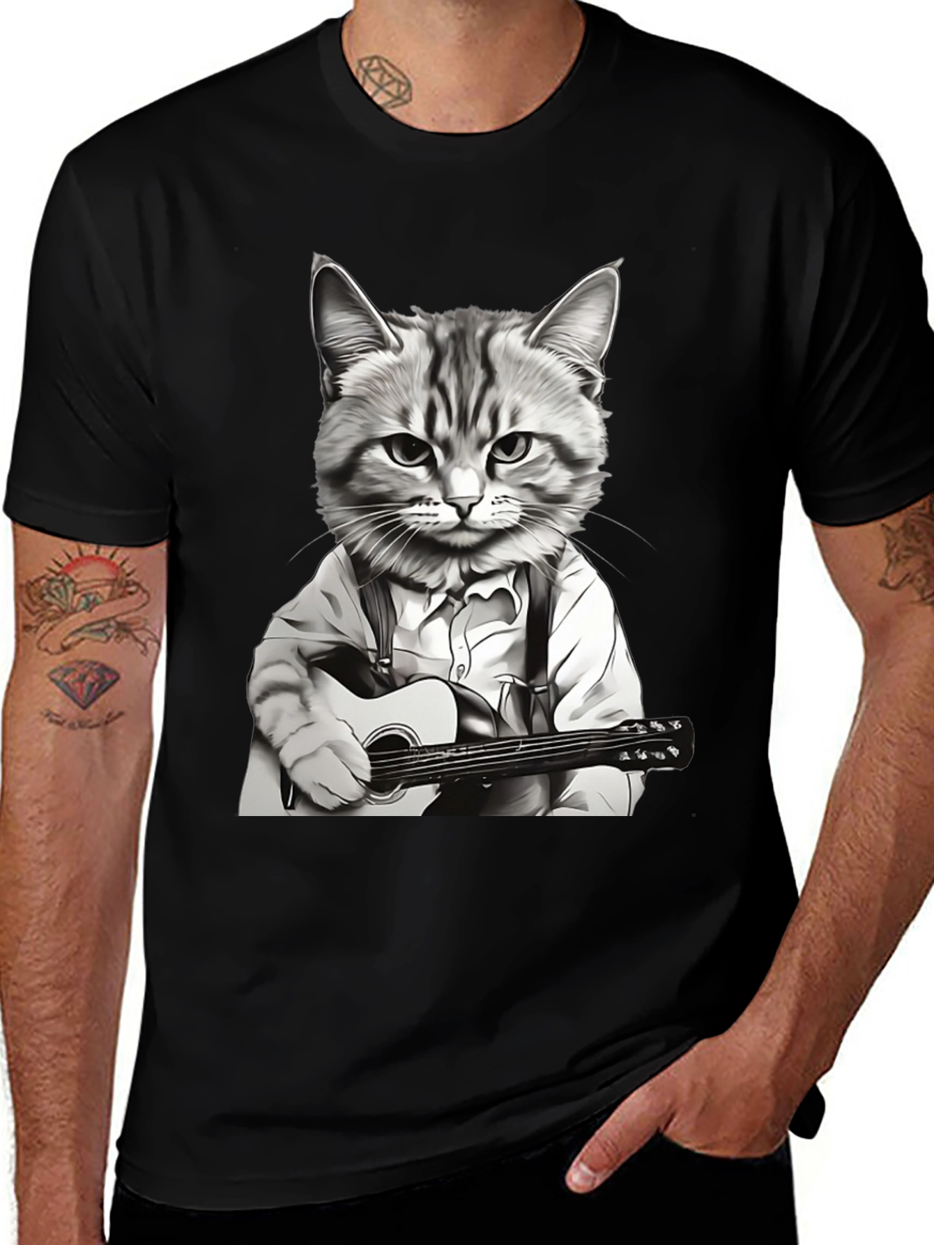 Cat Musician Graphic Tee - Black Cotton T-Shirt