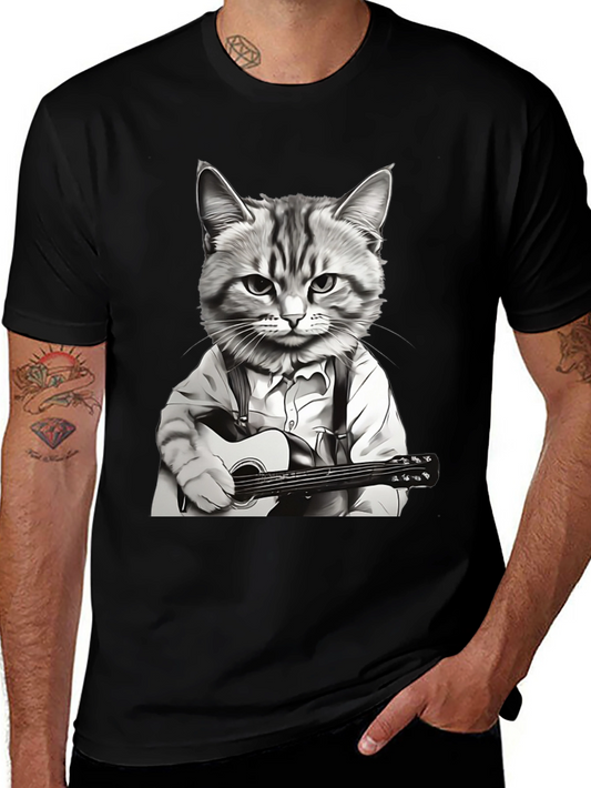 Cat Musician Graphic Tee - Black Cotton T-Shirt