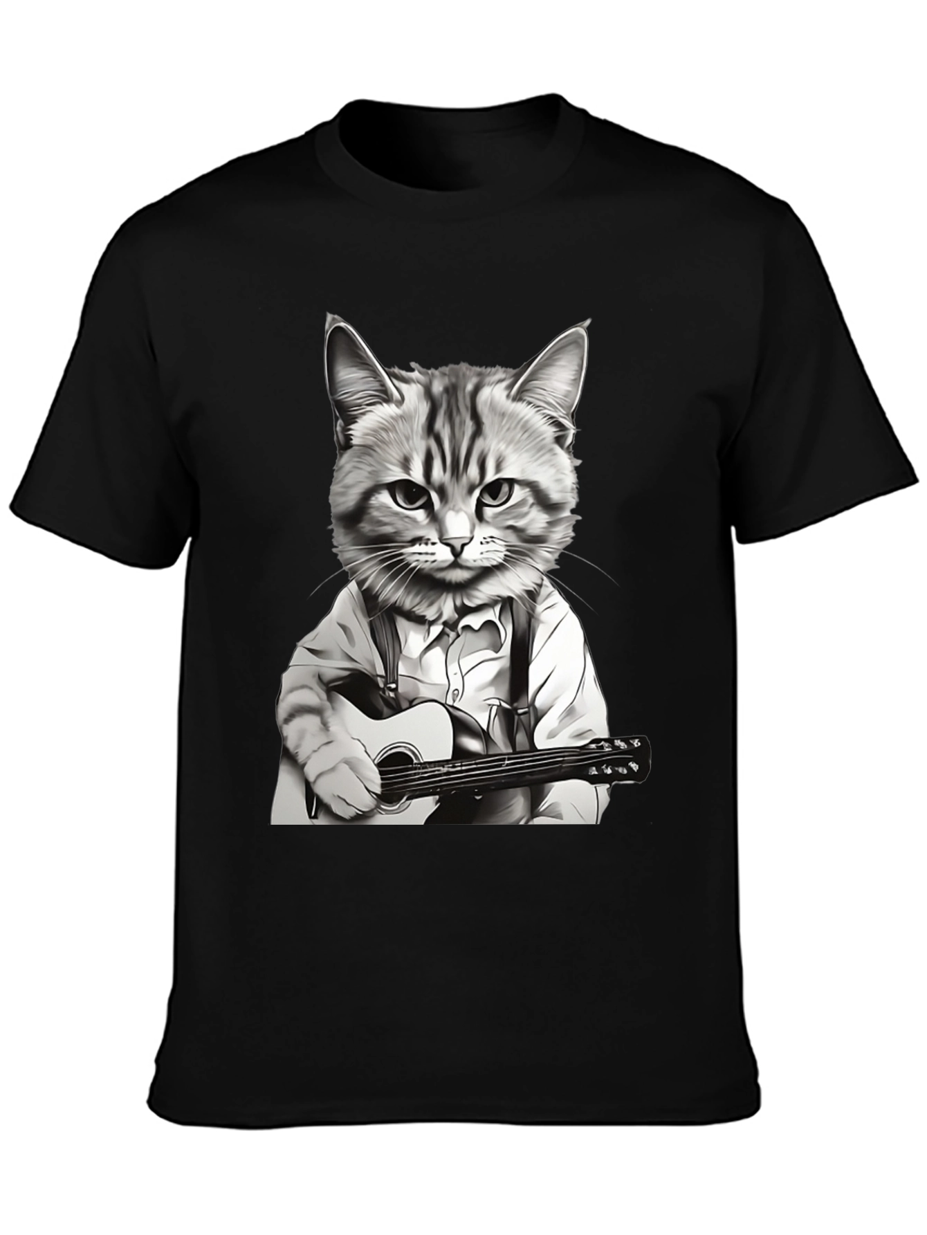 Cat Musician Graphic Tee - Black Cotton T-Shirt