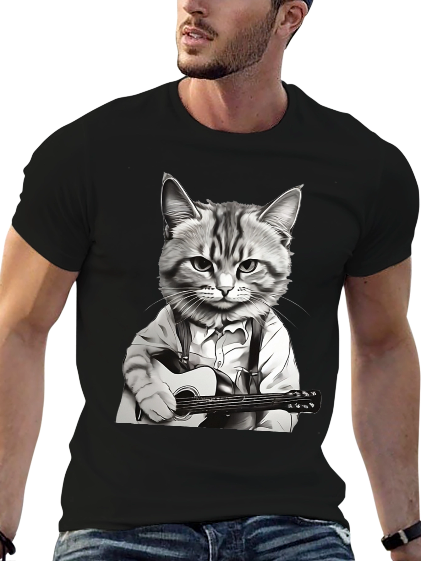 Cat Musician Graphic Tee - Black Cotton T-Shirt