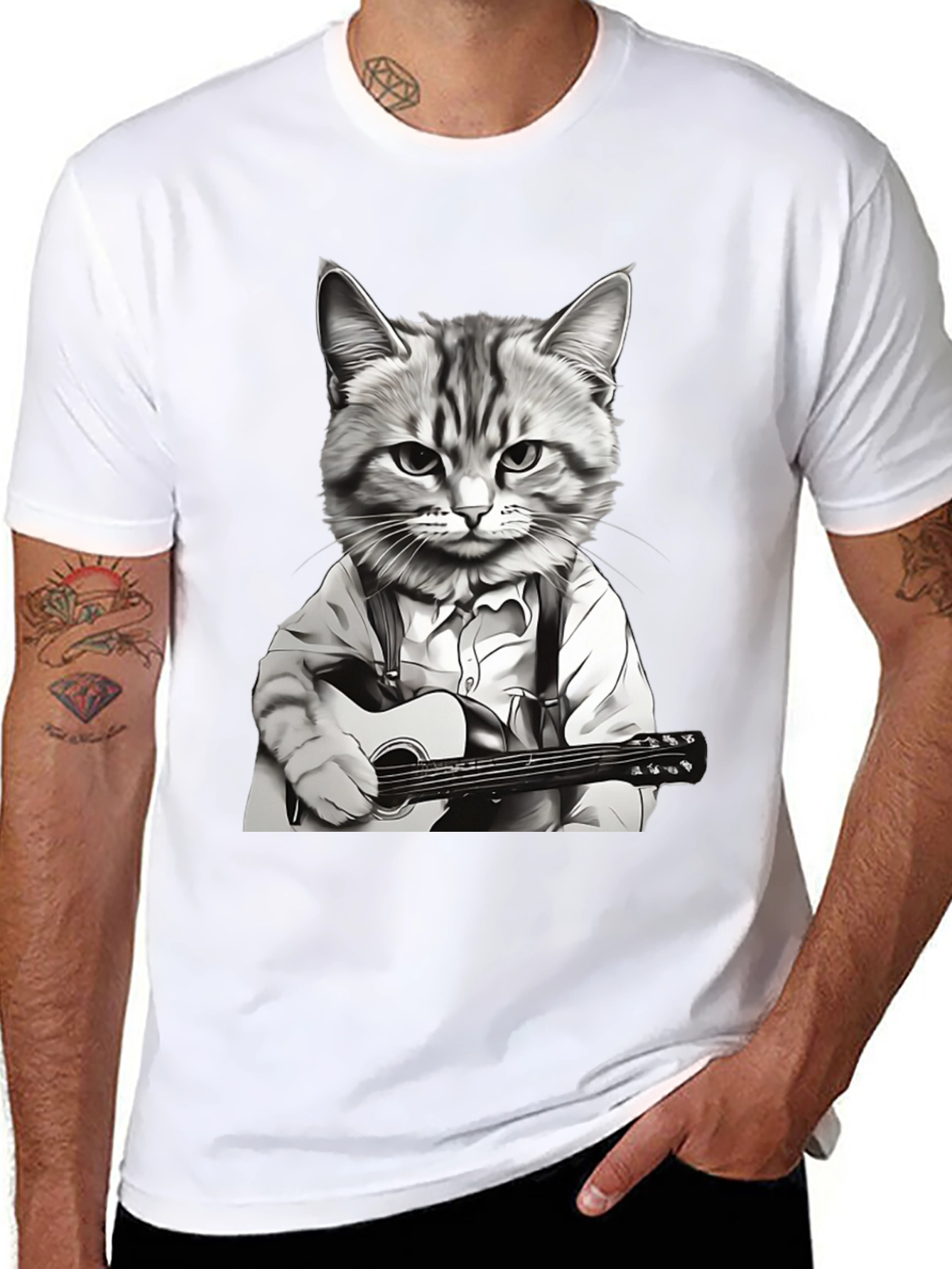 Cat Musician Graphic Tee - Black Cotton T-Shirt