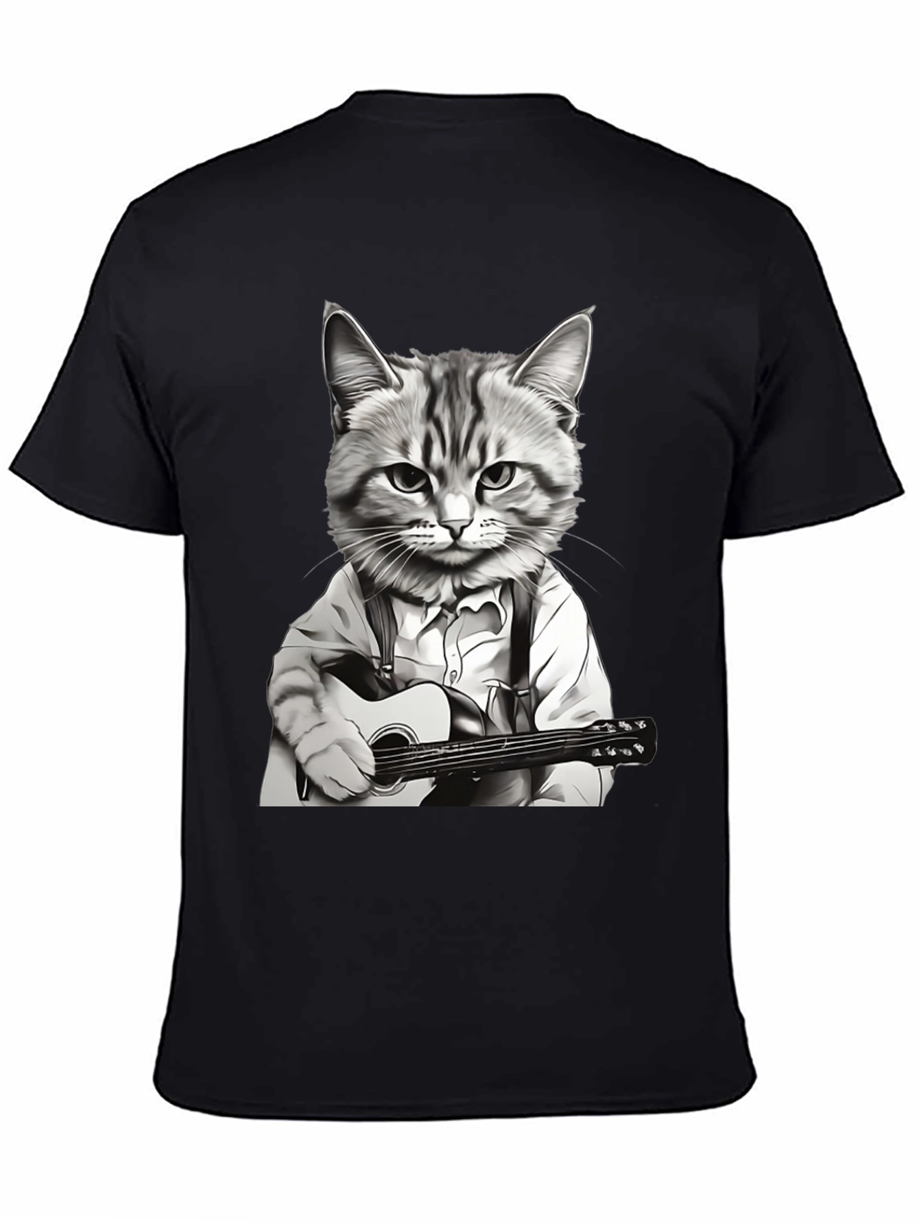Cat Musician Graphic Tee - Black Cotton T-Shirt
