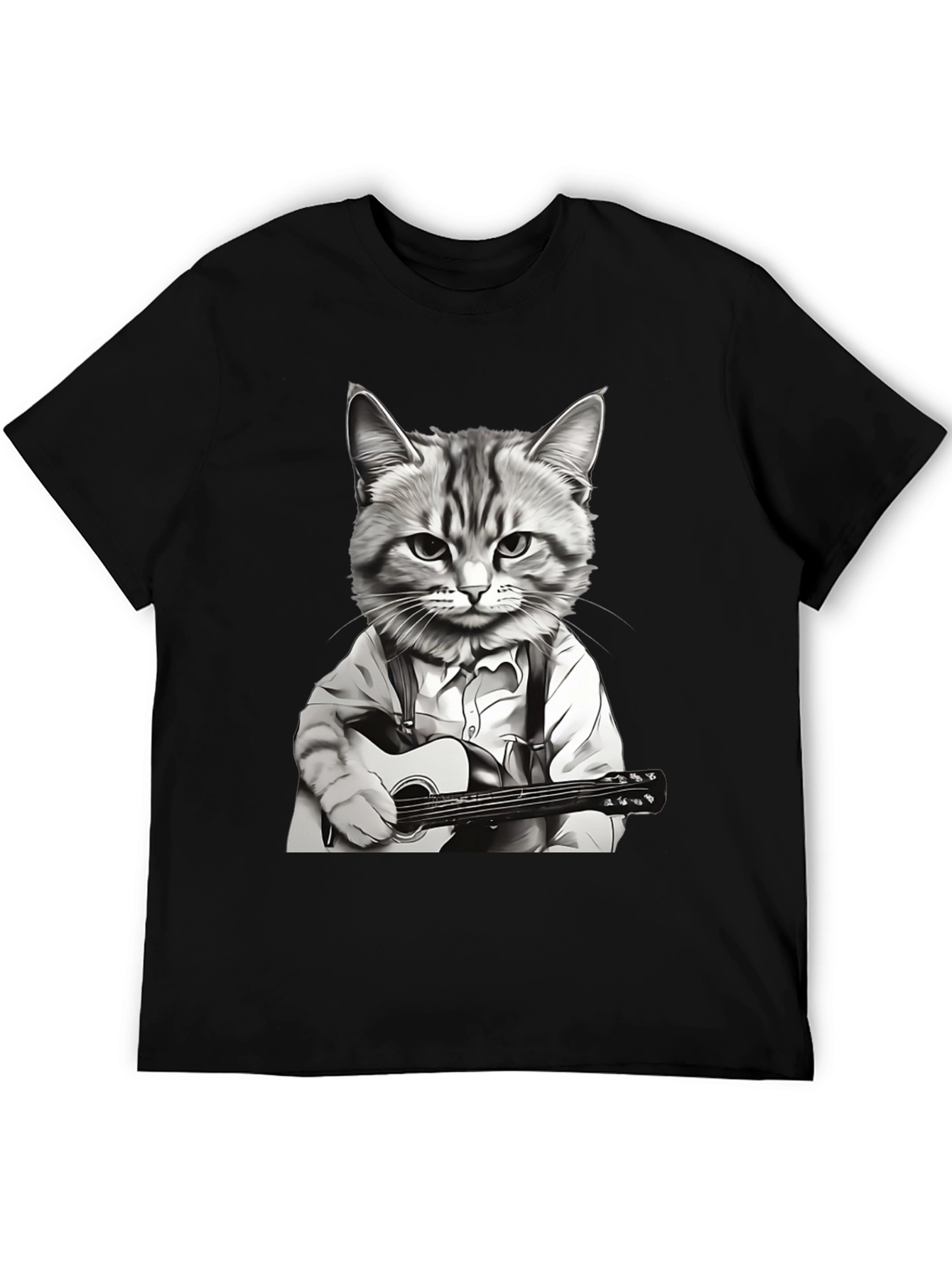 Cat Musician Graphic Tee - Black Cotton T-Shirt