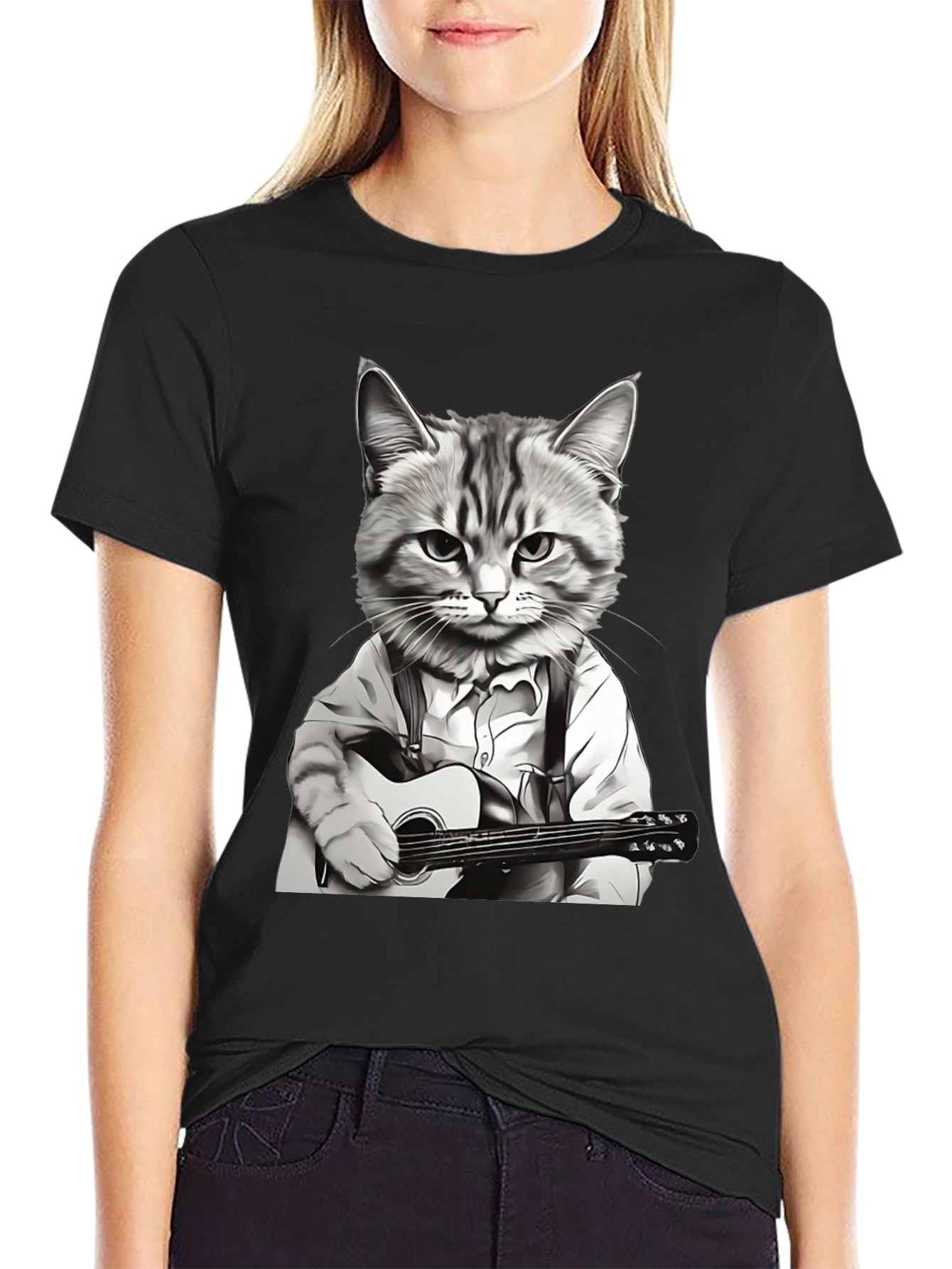 Cat Musician Graphic Tee - Black Cotton T-Shirt