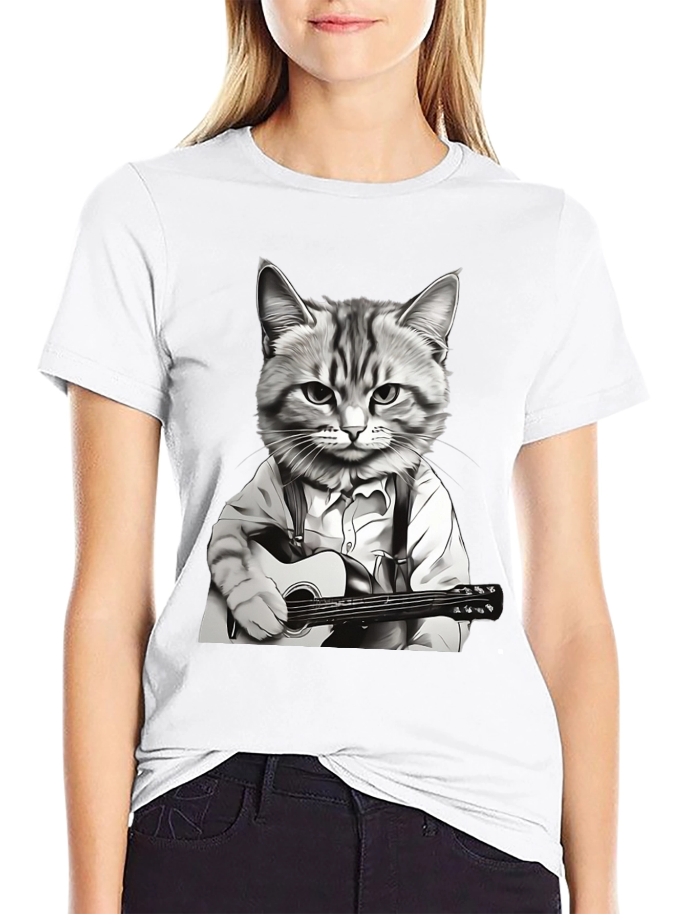 Cat Musician Graphic Tee - Black Cotton T-Shirt